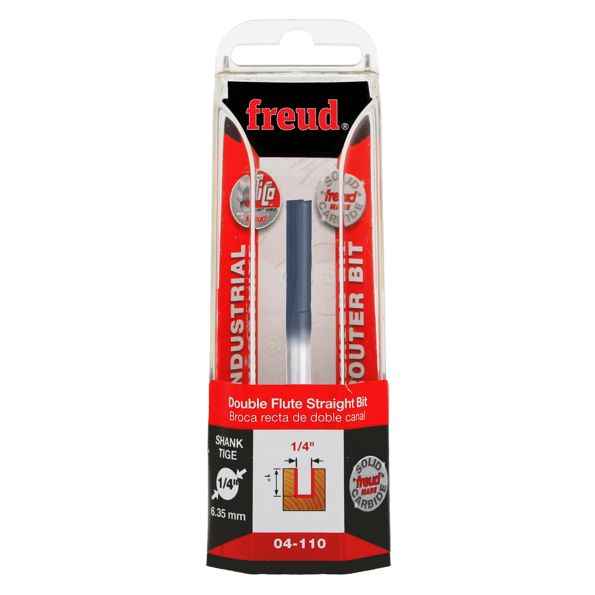 Freud 04-110 1/4" diameter double flute straight router bit in clear clamshell packaging with red and black labeling.