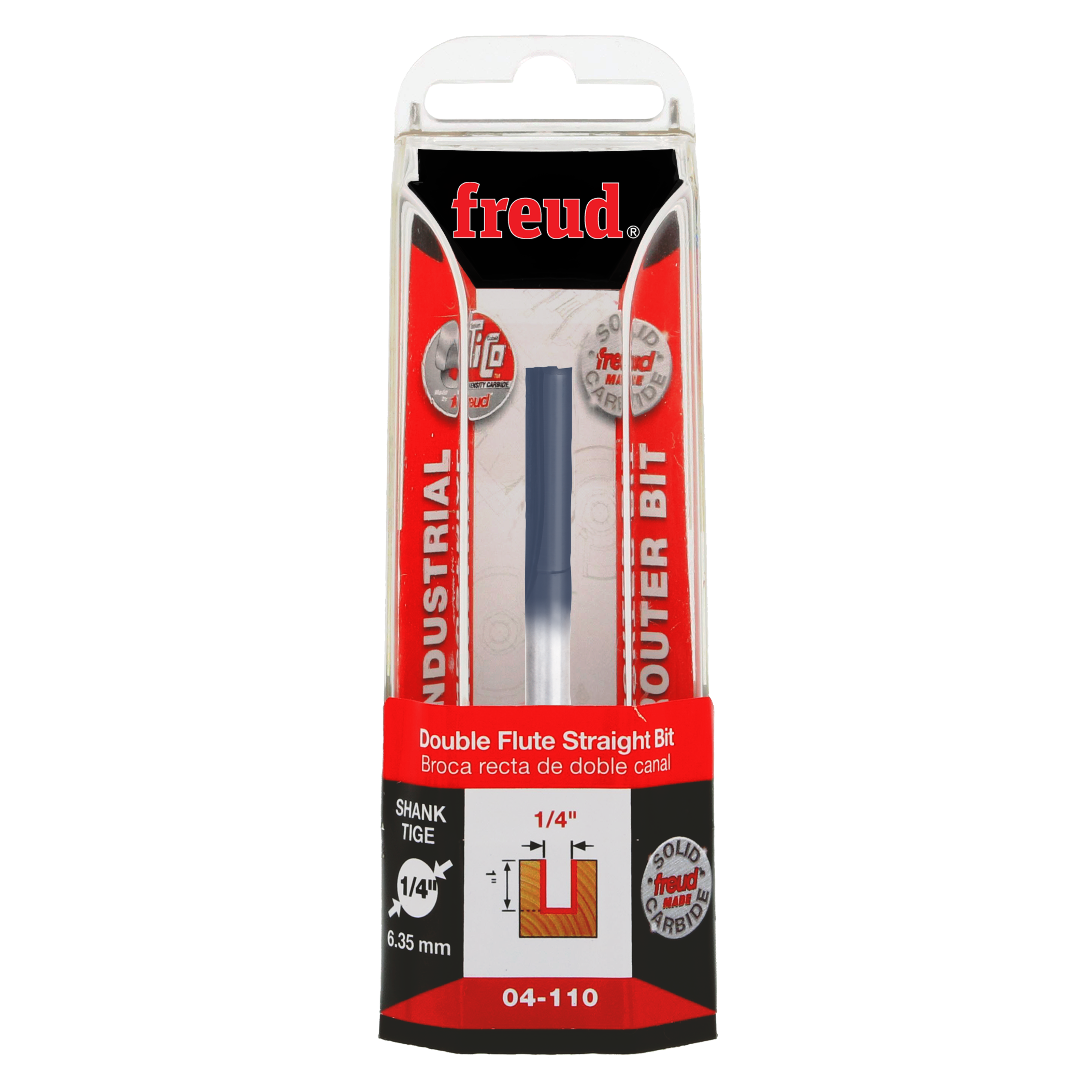 Freud 04-110 1/4" diameter double flute straight router bit in clear clamshell packaging with red and black labeling.