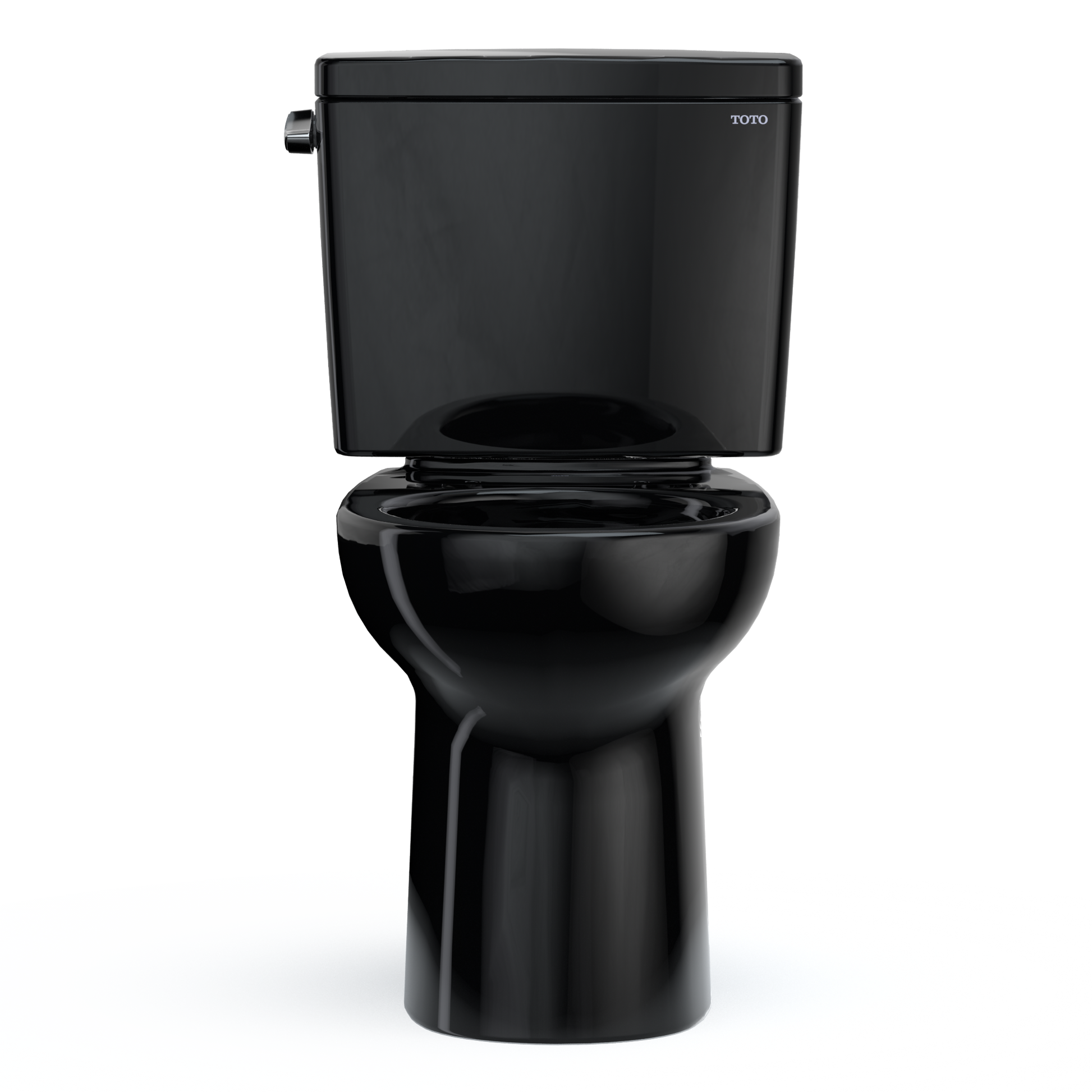 Ebony two-piece toilet with round bowl, elevated tank, and side-mounted fill valve.