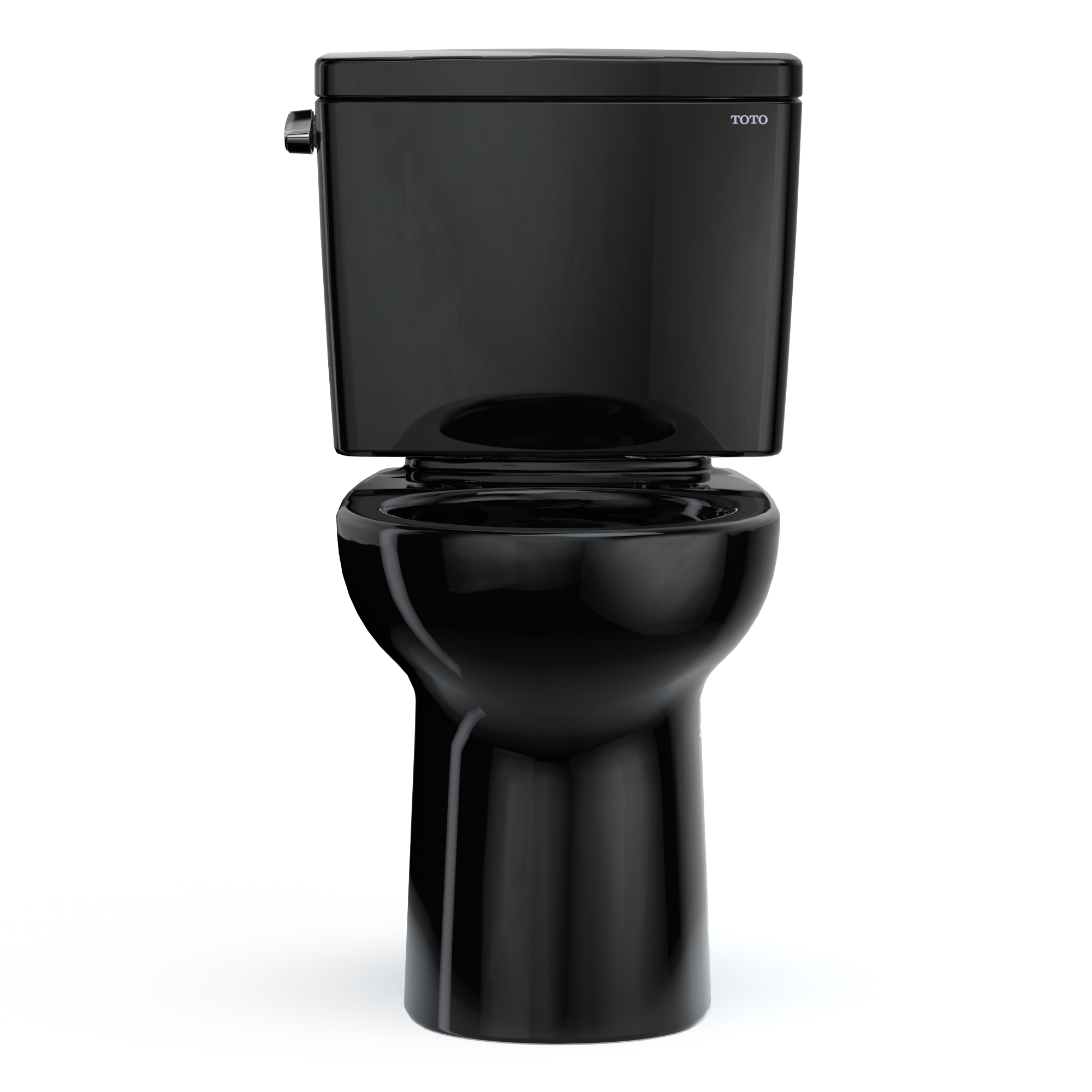 Ebony two-piece toilet with round bowl, elevated tank, and side-mounted fill valve.