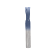Blue and silver spiral router bit with narrow cylindrical shaft and fluted cutting head.