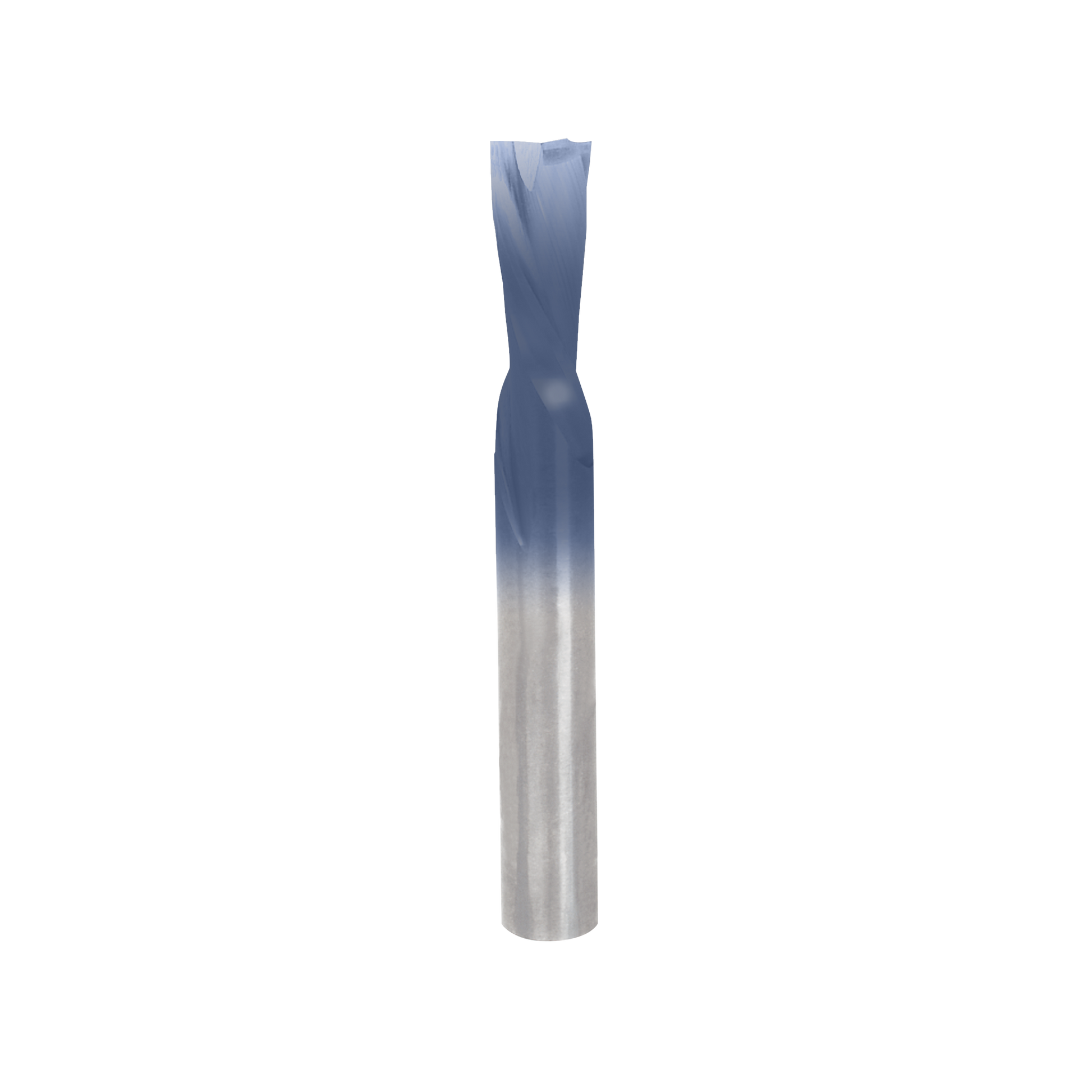 Blue and silver spiral router bit with narrow cylindrical shaft and fluted cutting head.