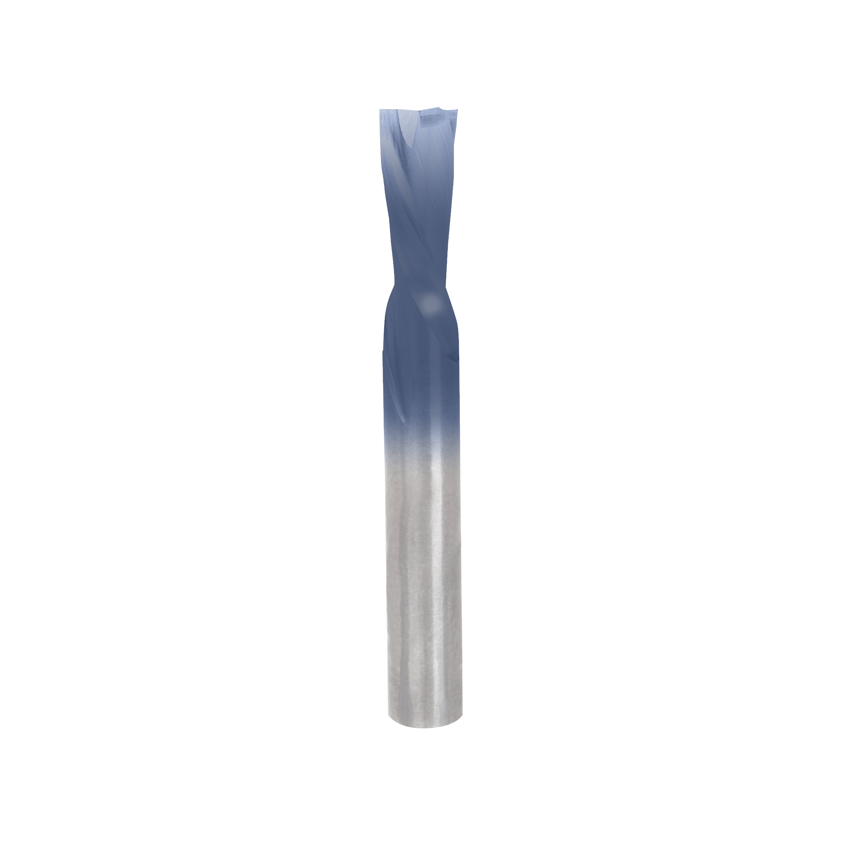 Blue and silver spiral router bit with narrow cylindrical shaft and fluted cutting head.