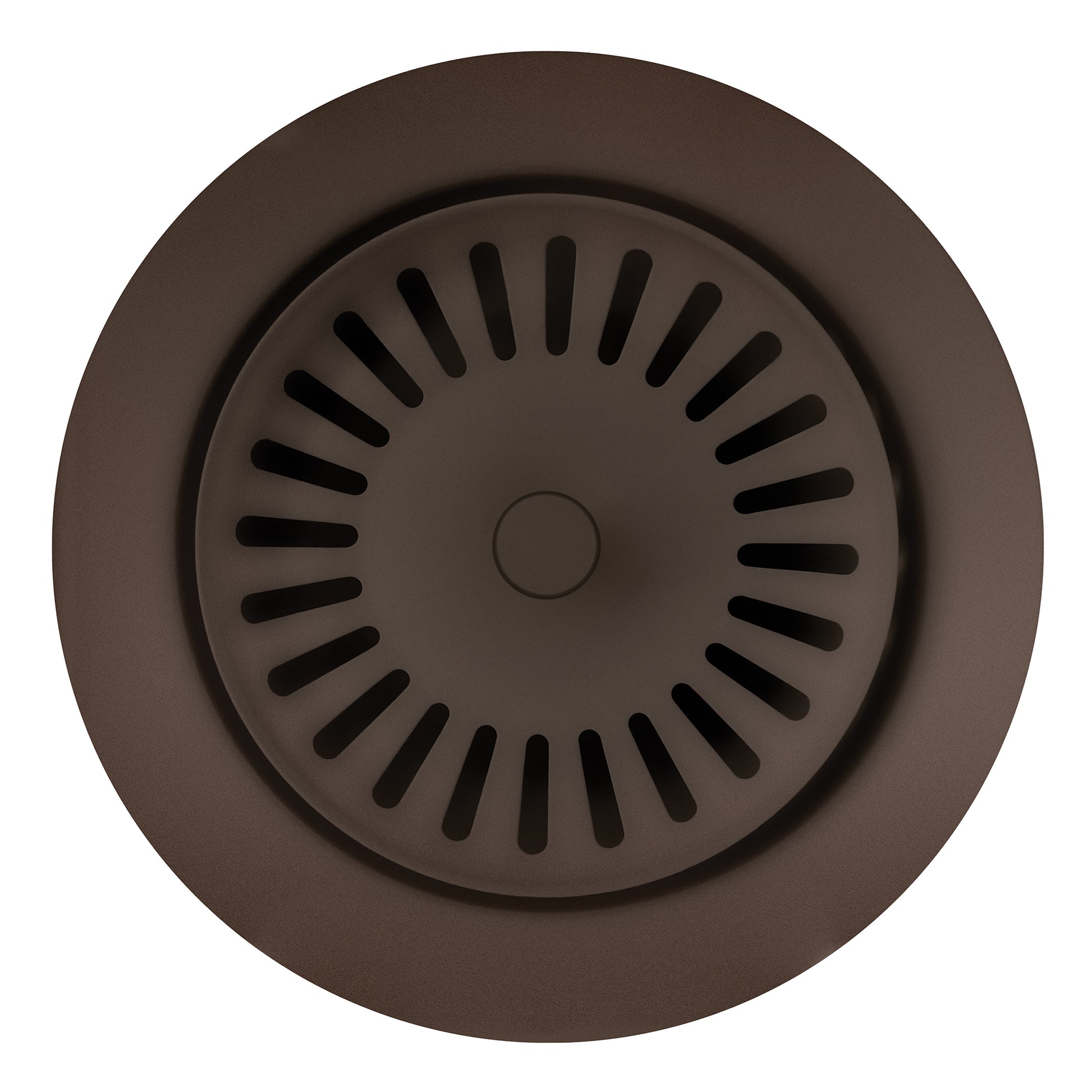 Cafe-colored metal basket strainer with radial slot pattern and center circle, top view.