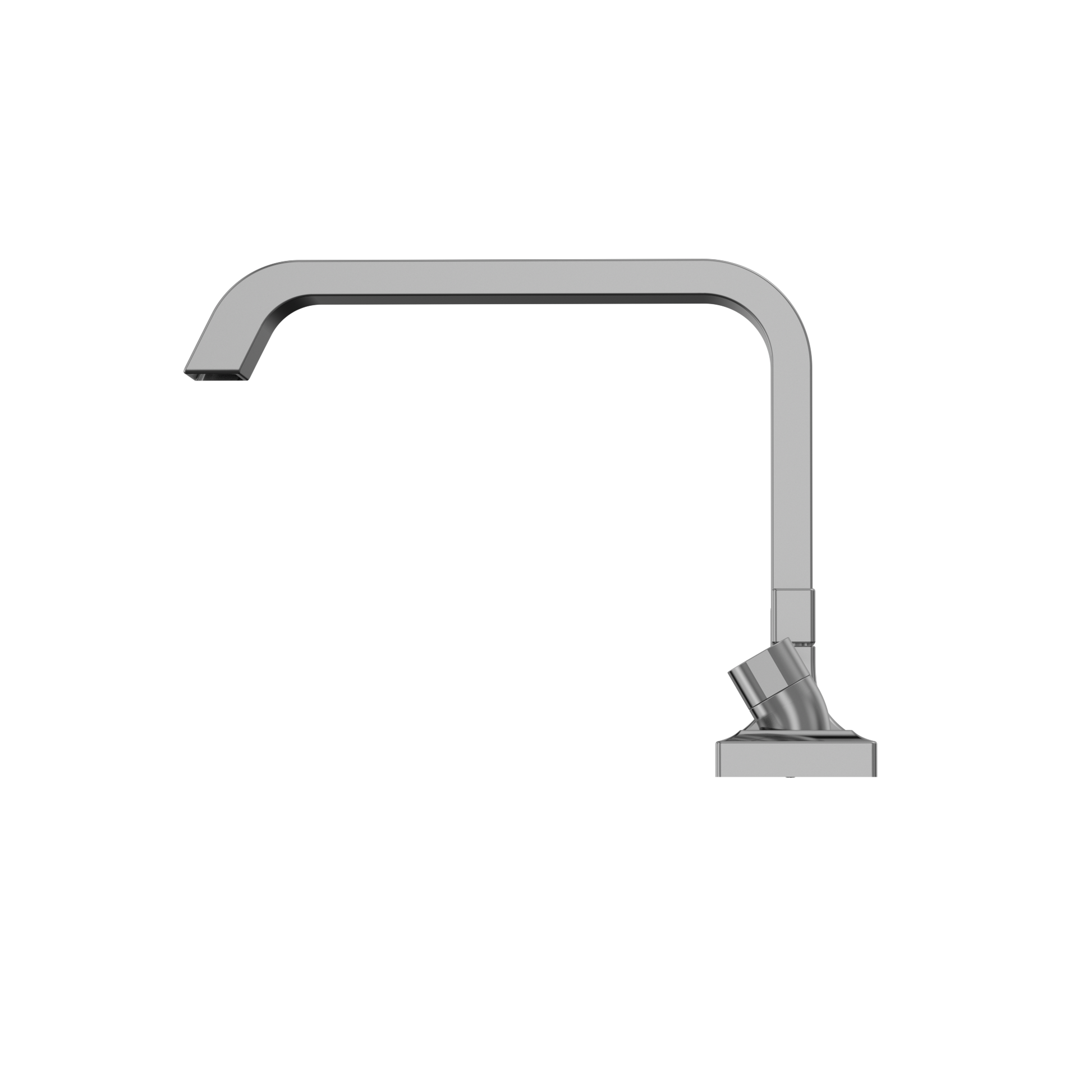 Polished chrome roman tub filler spout with attached handshower and square base.
