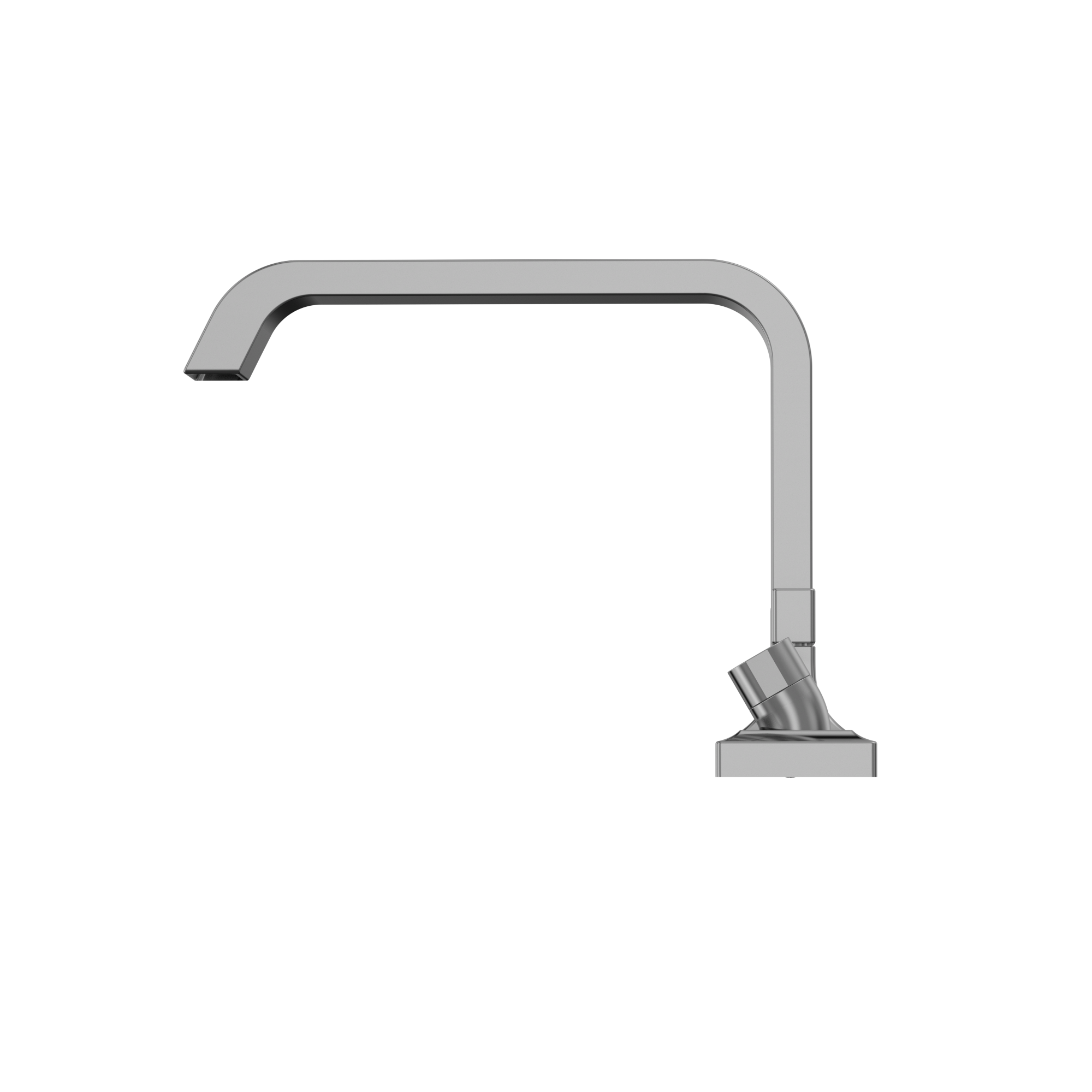 Polished chrome roman tub filler spout with attached handshower and square base.