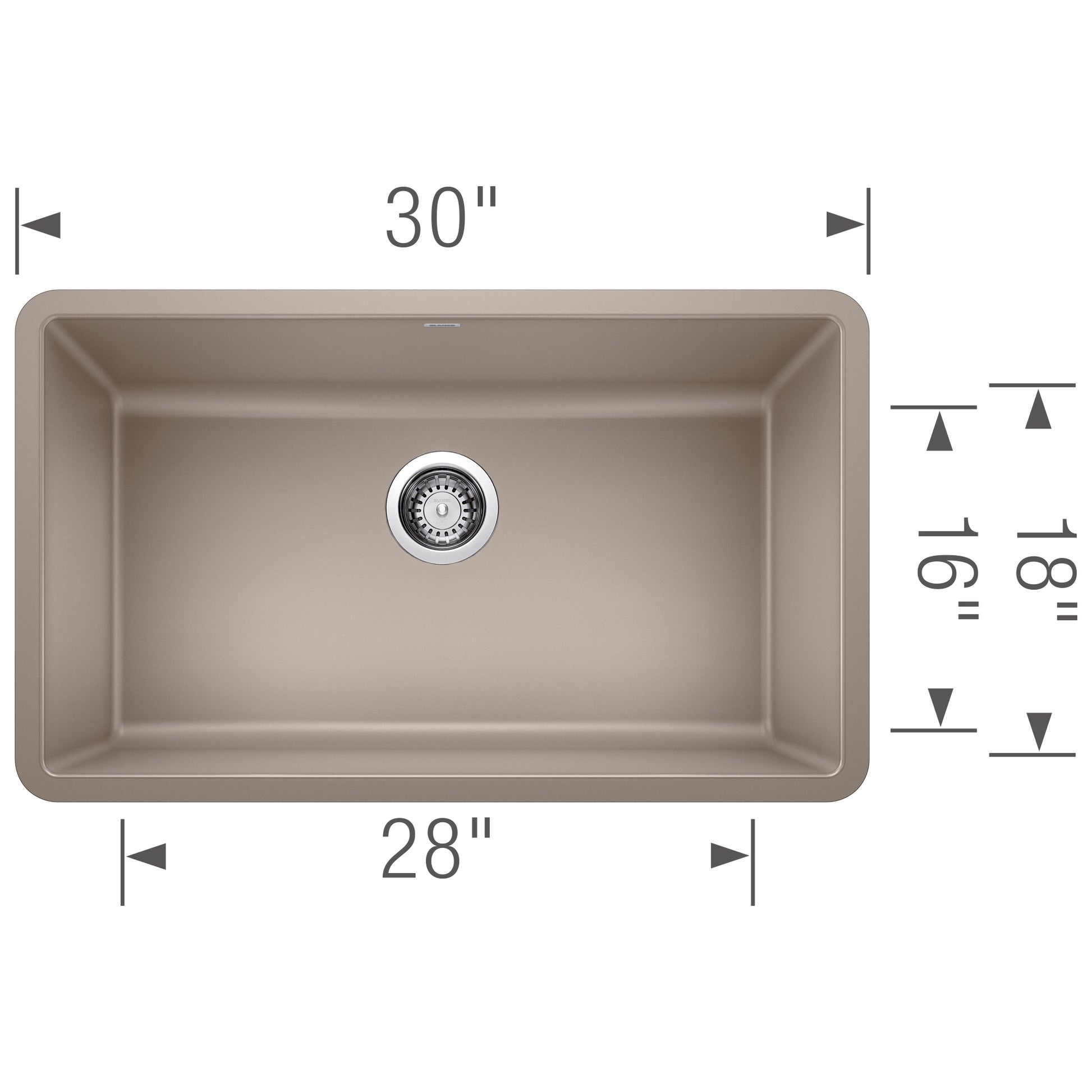 Truffle-colored single bowl undermount kitchen sink with rounded corners and chrome drain, 30" width x 28" interior width x 1