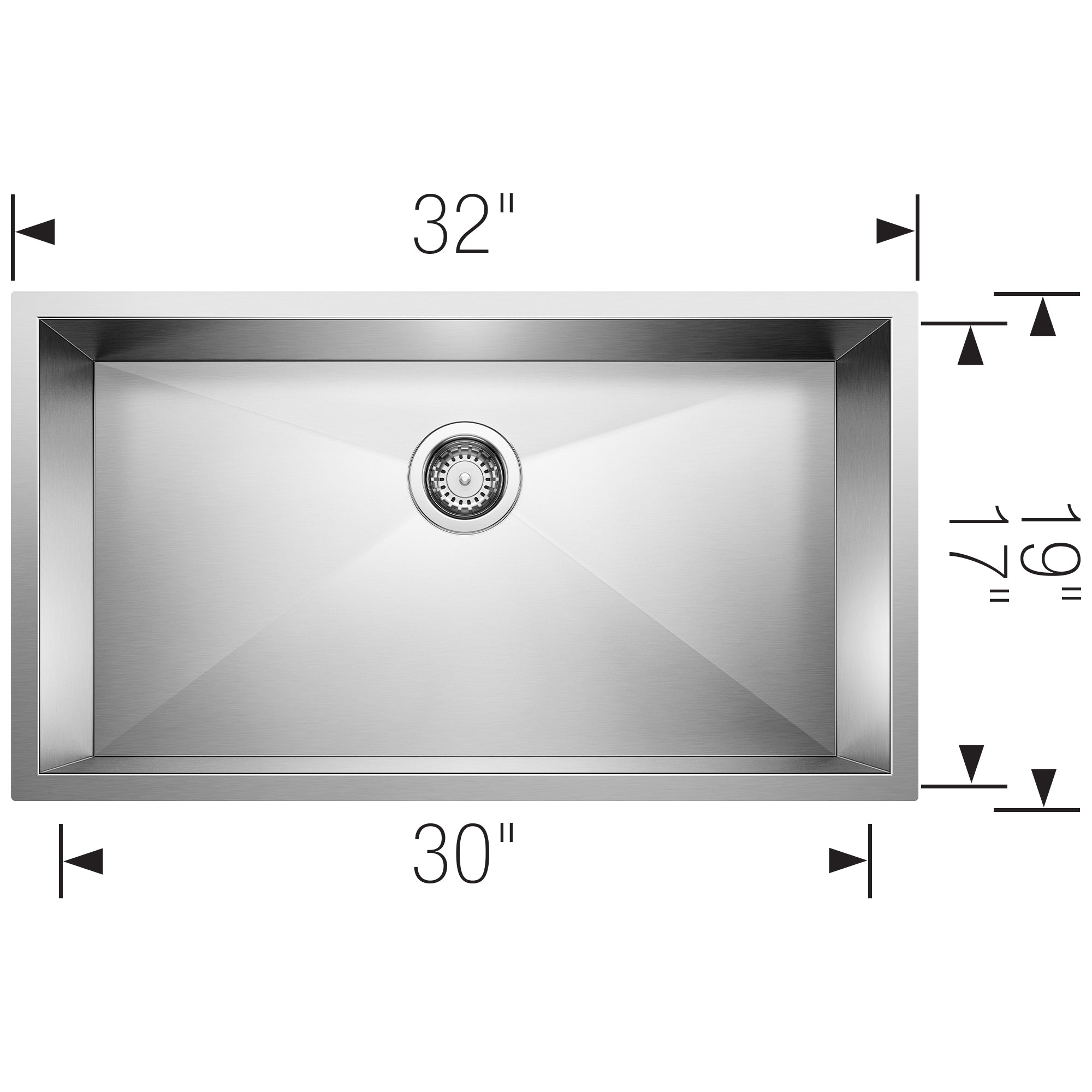 Stainless steel single bowl undermount sink with drain, 32" width x 19" depth, top view showing dimensions.