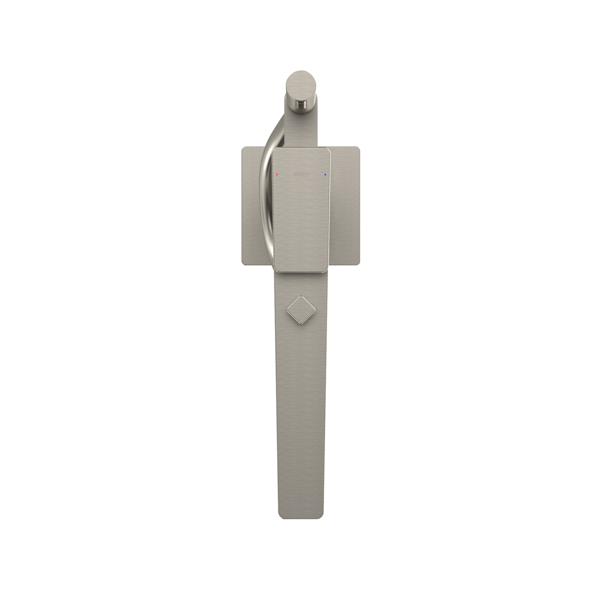 Brushed nickel freestanding tub filler with single handle, spout, and coiled handshower hose.