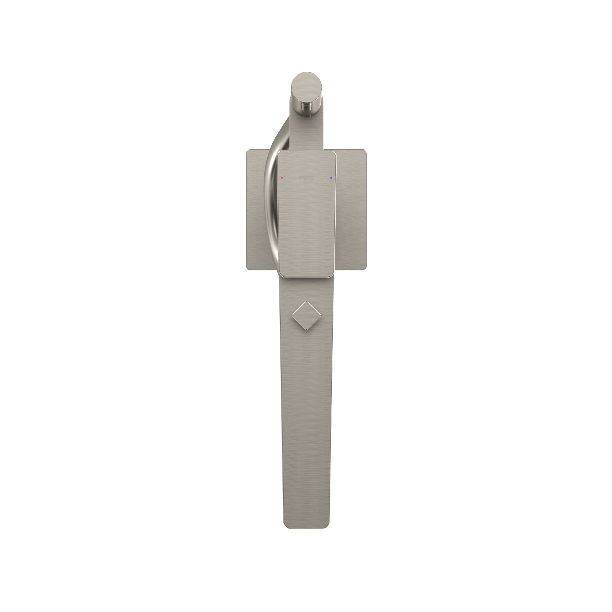 Brushed nickel freestanding tub filler with single handle, spout, and coiled handshower hose.