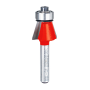 Chamfer router bit with red cutting head, silver metal shaft, and ball bearing guide collar.