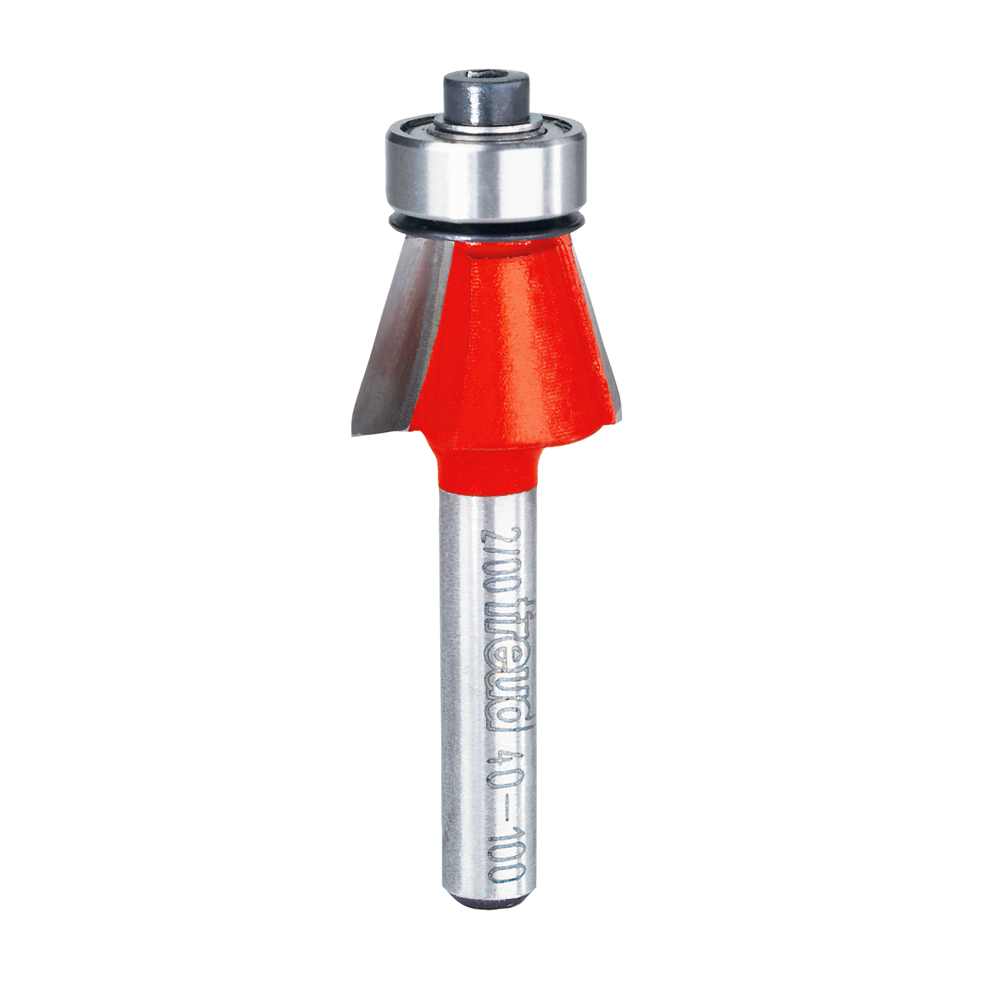 Chamfer router bit with red cutting head, silver metal shaft, and ball bearing guide collar.