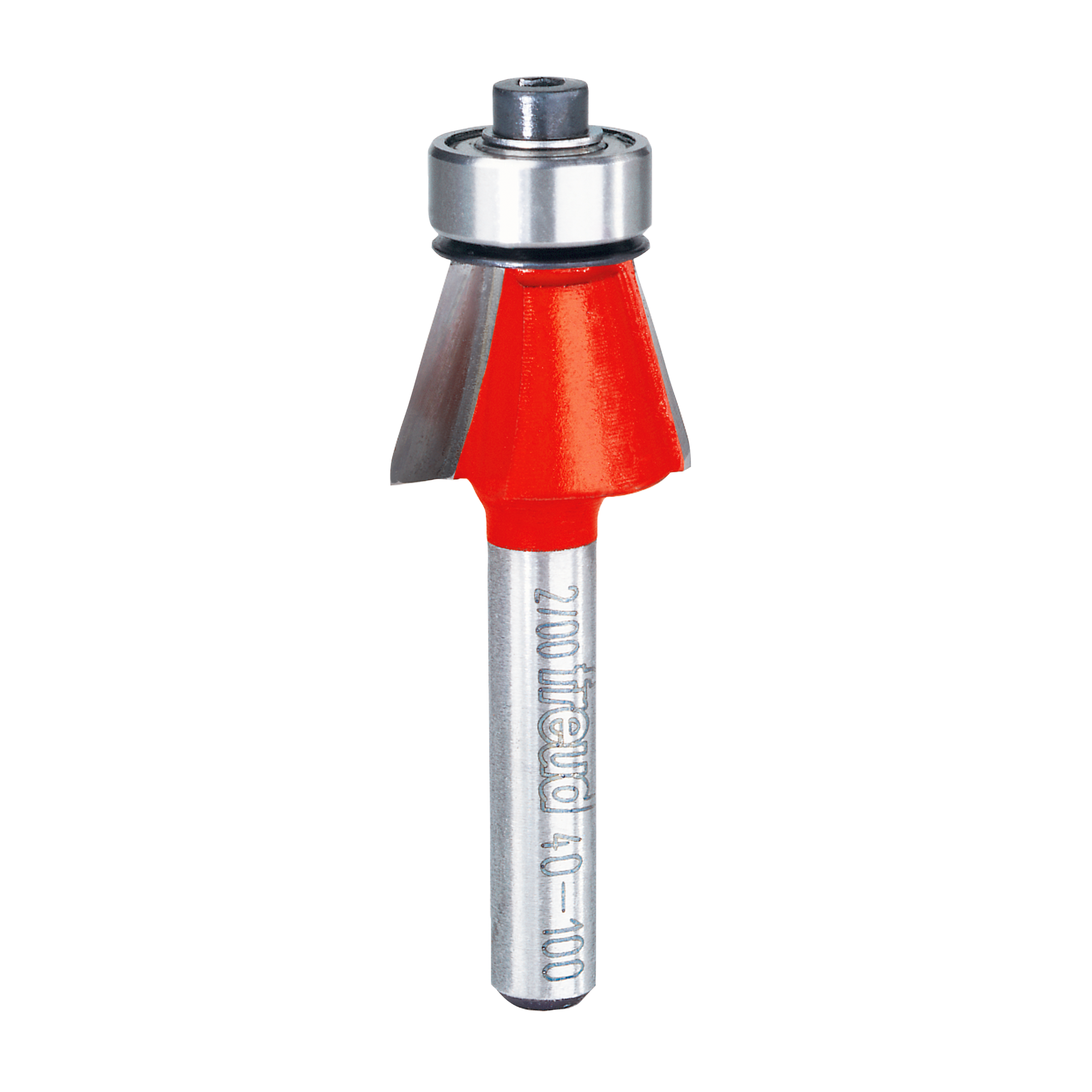 Chamfer router bit with red cutting head, silver metal shaft, and ball bearing guide collar.