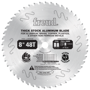 Freud 8" circular saw blade with 48 teeth and silver coating, designed for cutting aluminum and non-ferrous metals.