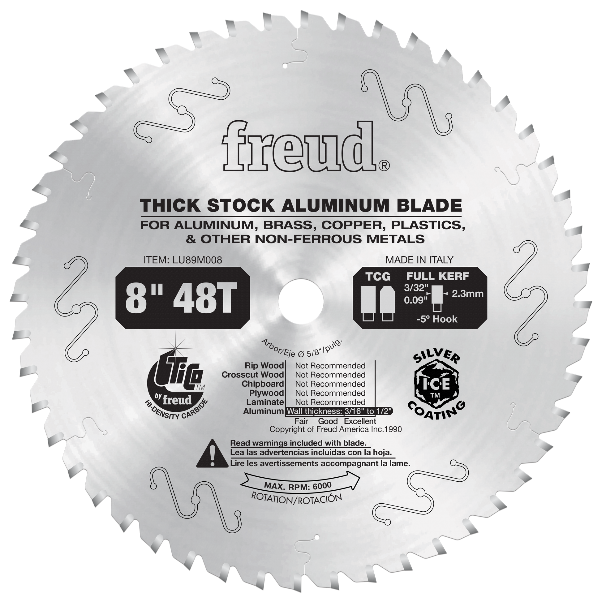 Freud 8" circular saw blade with 48 teeth and silver coating, designed for cutting aluminum and non-ferrous metals.