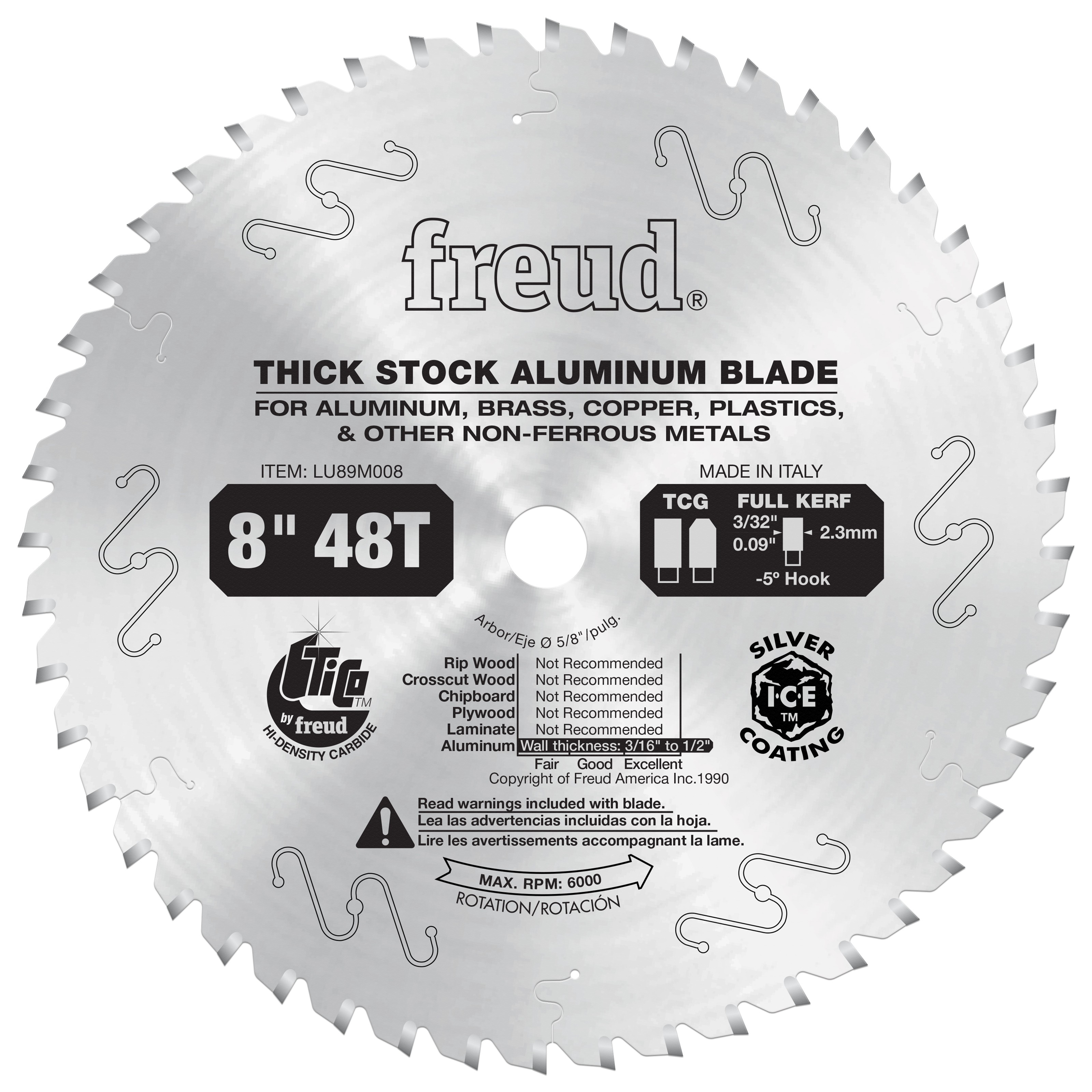 Freud 8" circular saw blade with 48 teeth and silver coating, designed for cutting aluminum and non-ferrous metals.