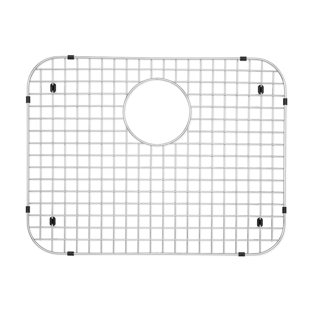 Stainless steel sink grid with fine mesh pattern, circular drain opening, and black rubber feet around edges.