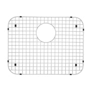Stainless steel sink grid with fine mesh pattern, circular drain opening, and black rubber feet around edges.
