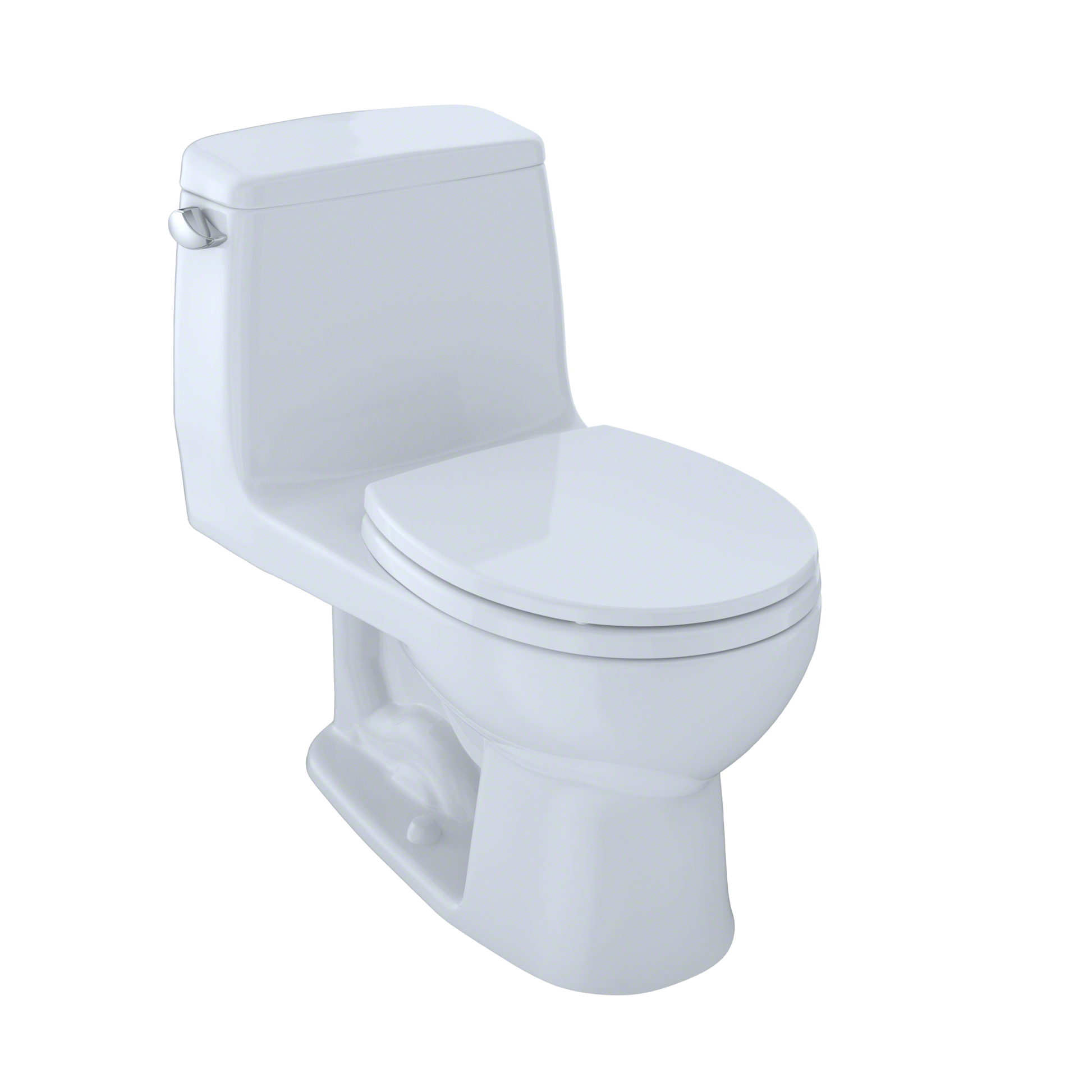 White one-piece round toilet with closed soft-close seat and tank, shown from angle view.
