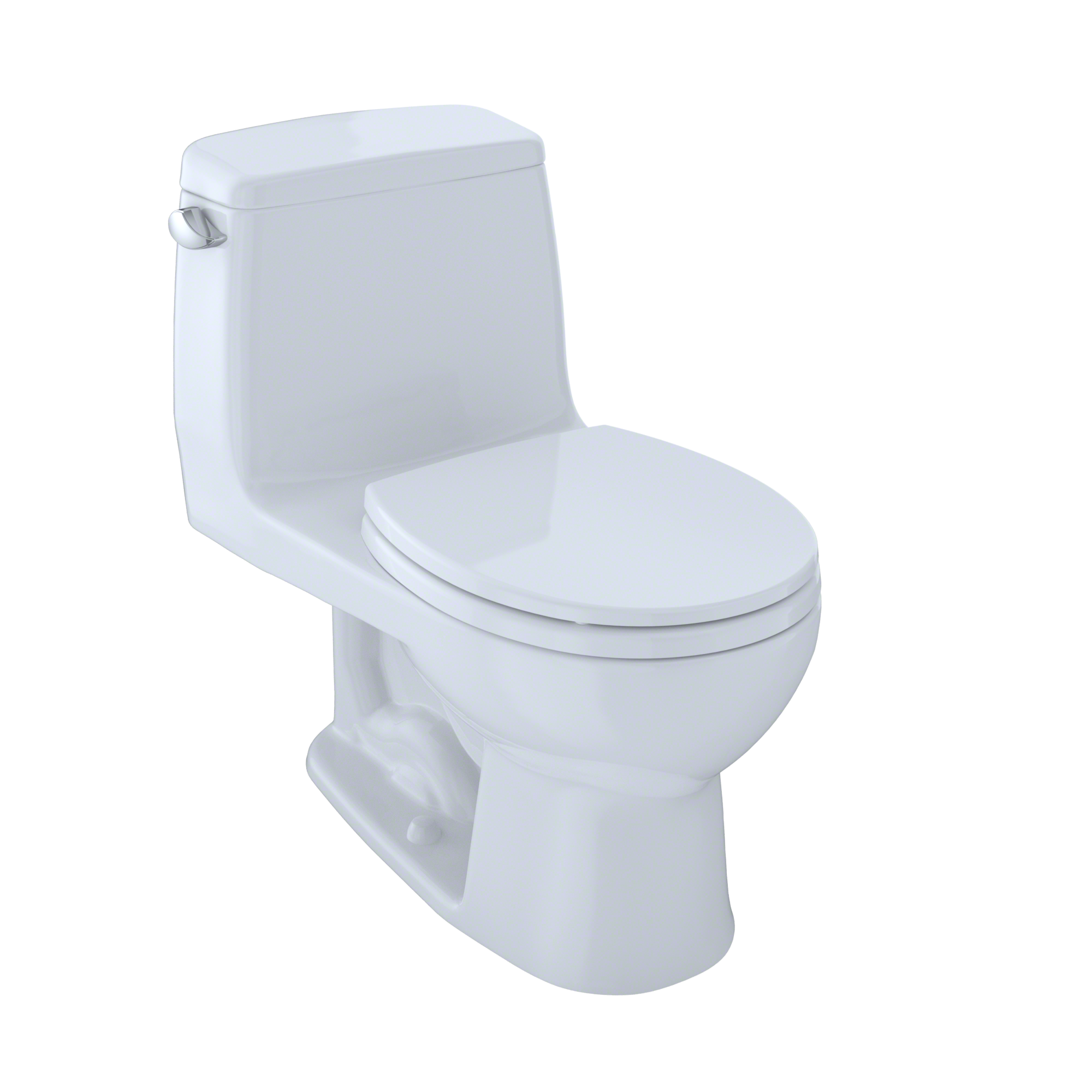 White one-piece round toilet with closed soft-close seat and tank, shown from angle view.