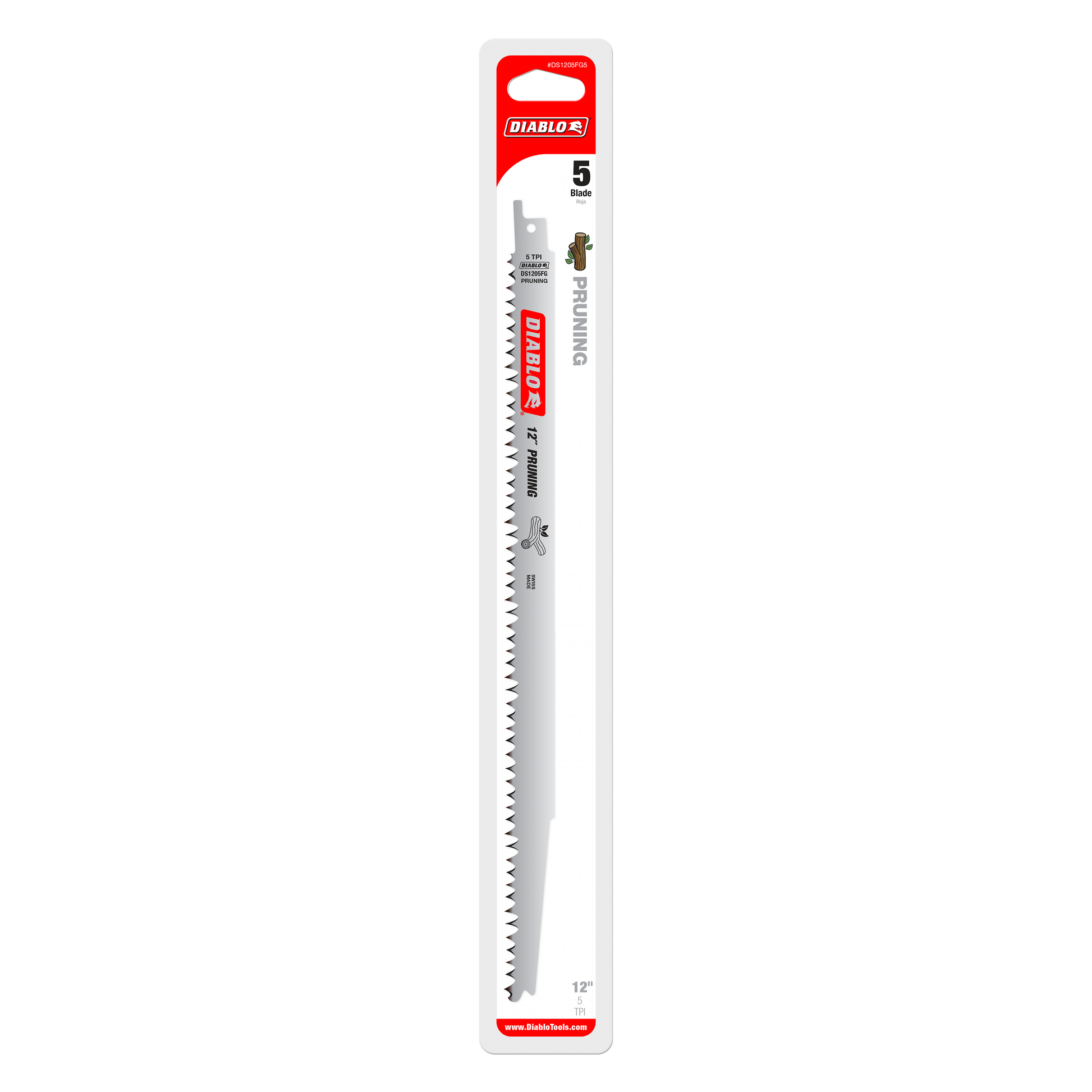 Pack of five 12-inch Diablo reciprocating saw blades with fine fleam-ground teeth for pruning applications.