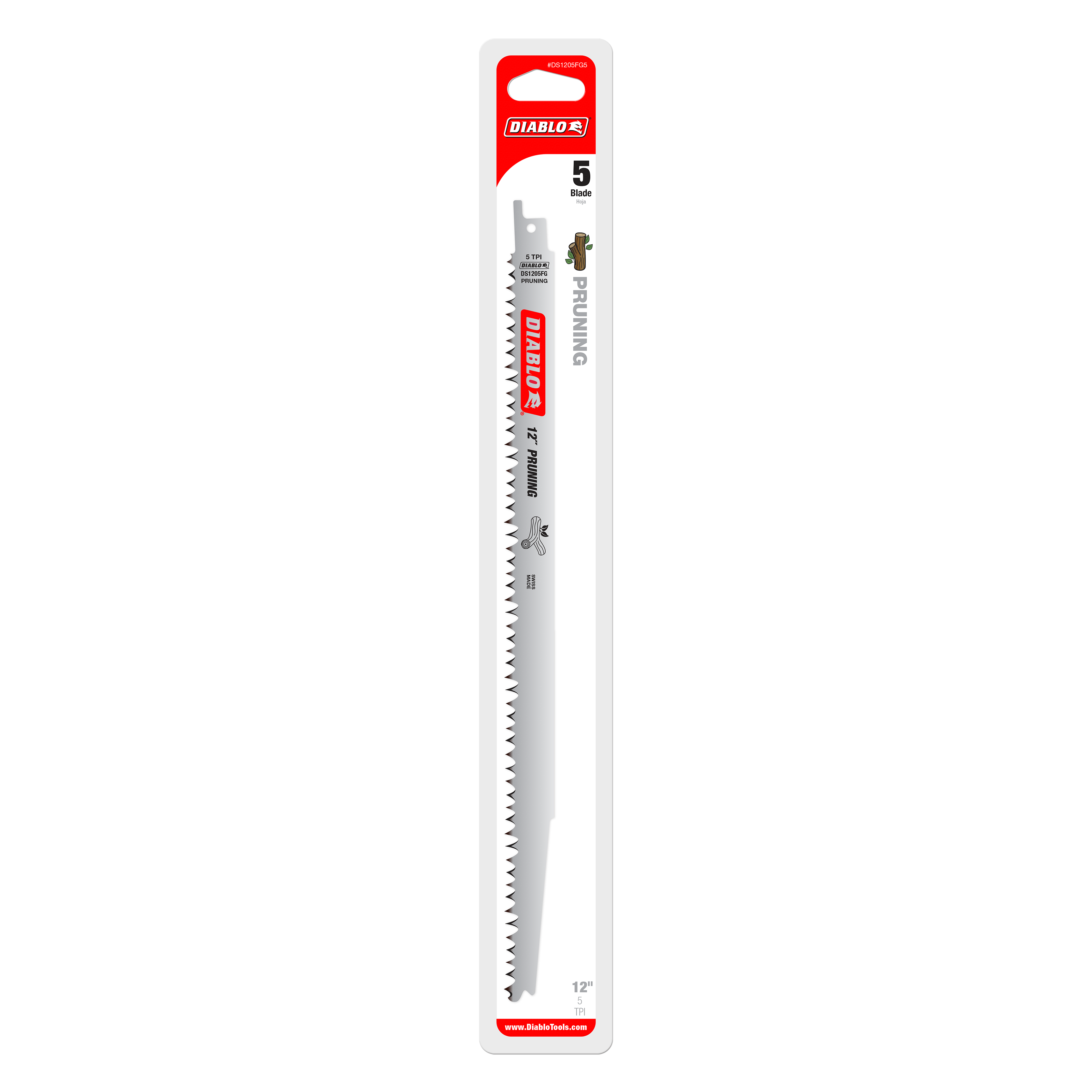 Pack of five 12-inch Diablo reciprocating saw blades with fine fleam-ground teeth for pruning applications.