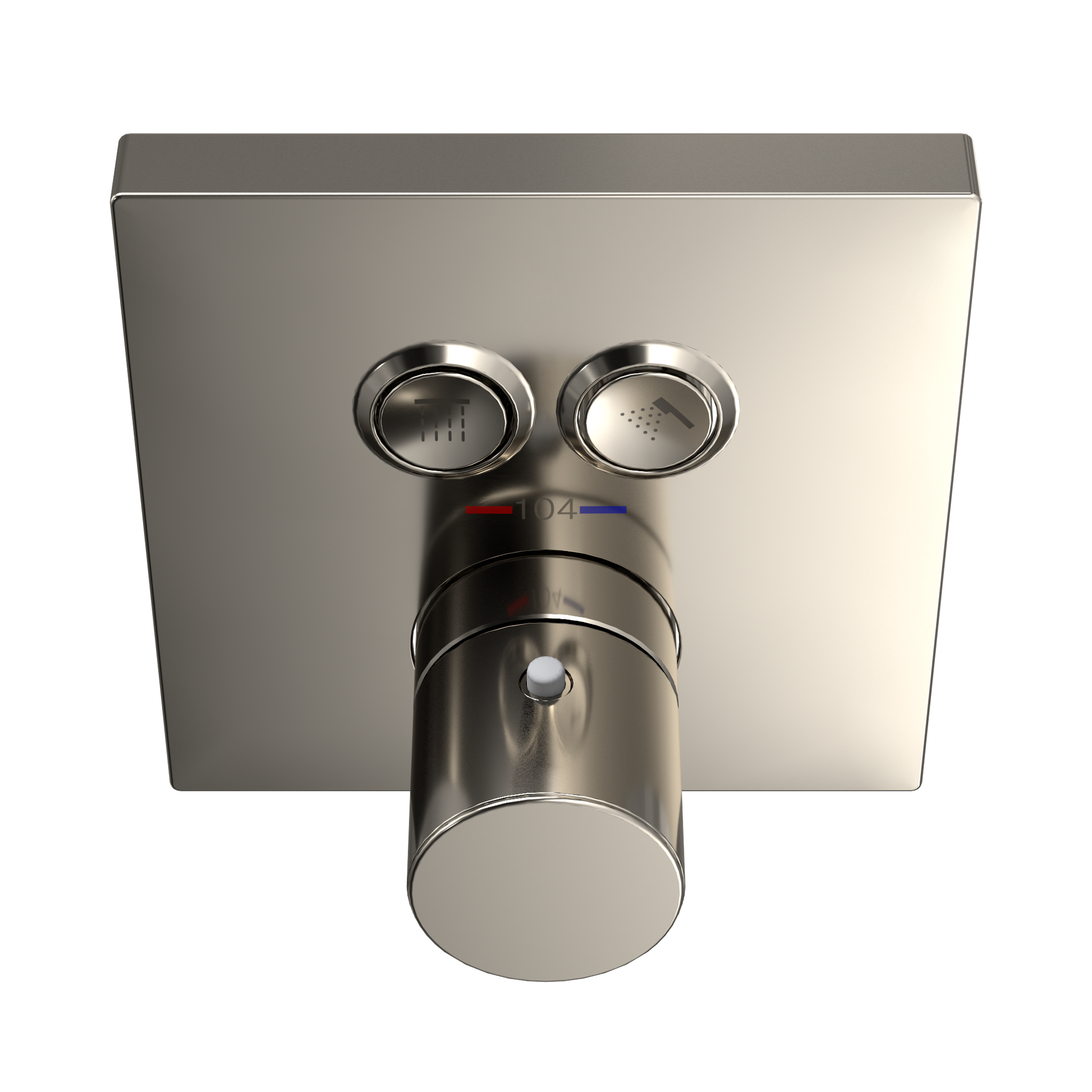 Polished nickel square thermostatic mixing valve with two circular function controls and cylindrical diverter spout.