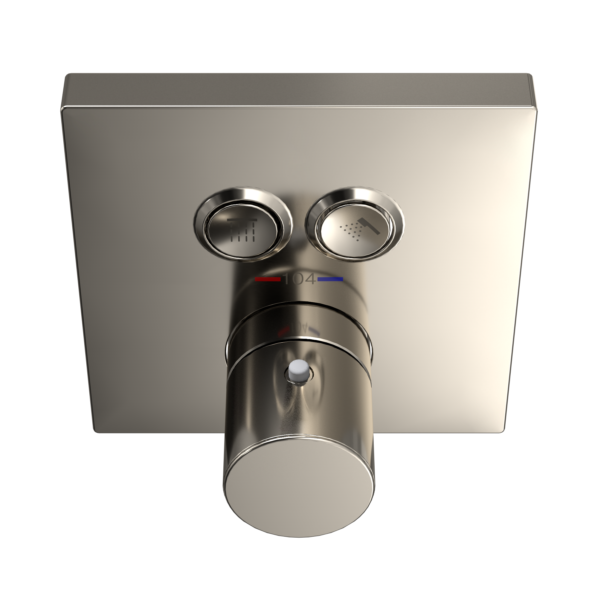 Polished nickel square thermostatic mixing valve with two circular function controls and cylindrical diverter spout.