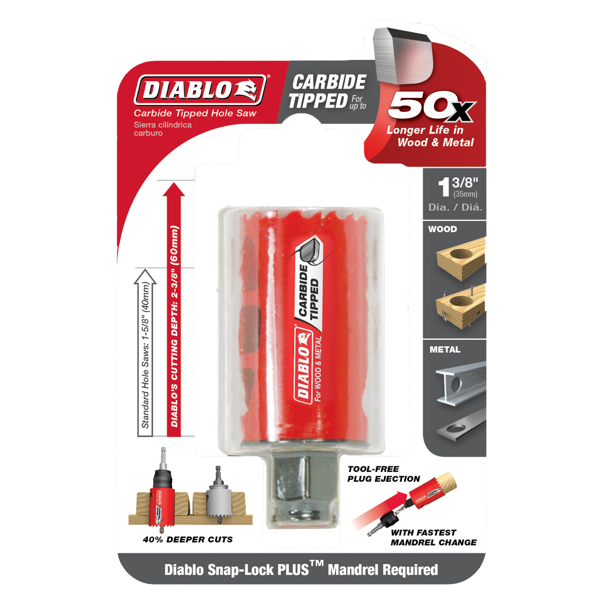 Diablo 1-3/8 inch carbide-tipped holesaw with red cylindrical body and metal shank in clear packaging.