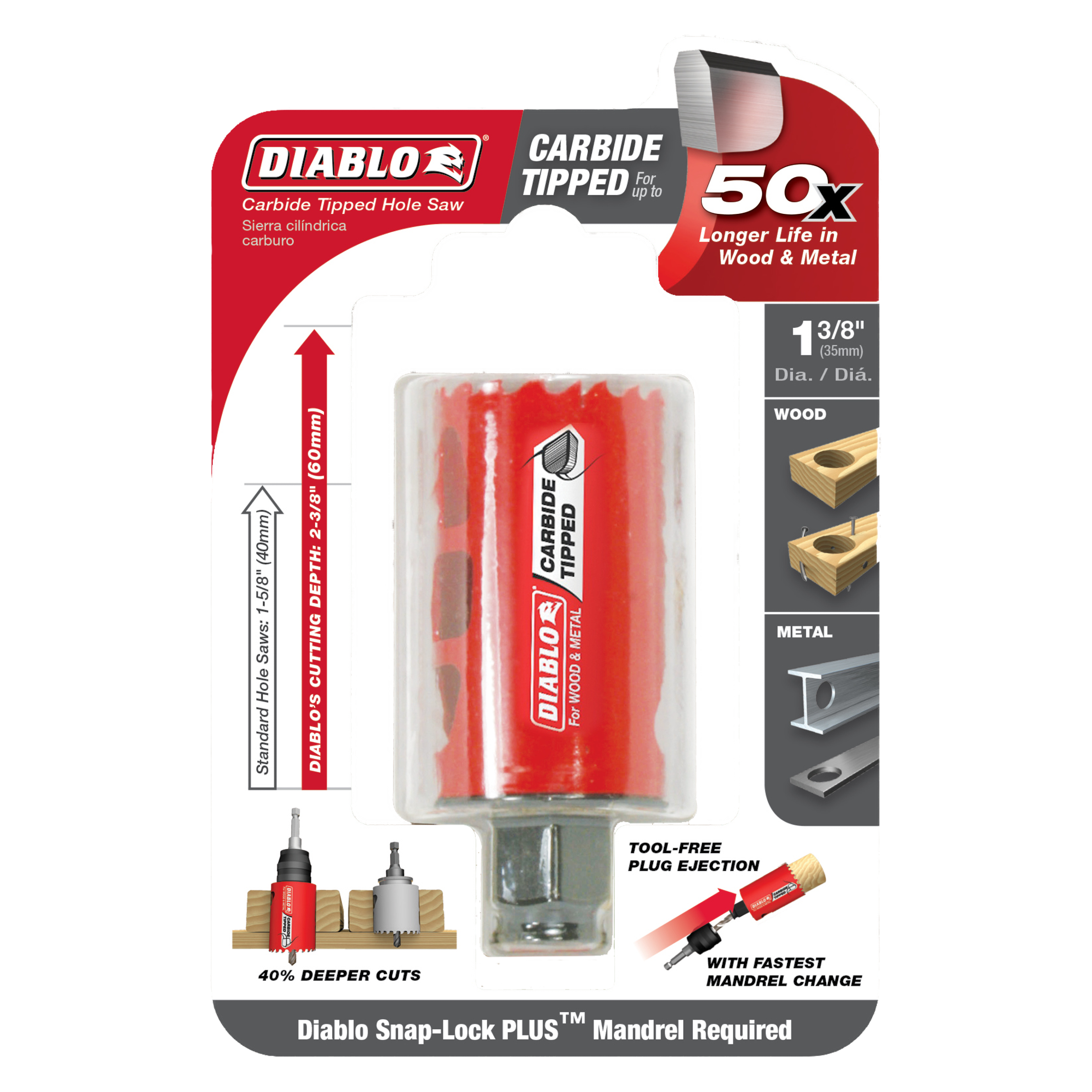 Diablo 1-3/8 inch carbide-tipped holesaw with red cylindrical body and metal shank in clear packaging.
