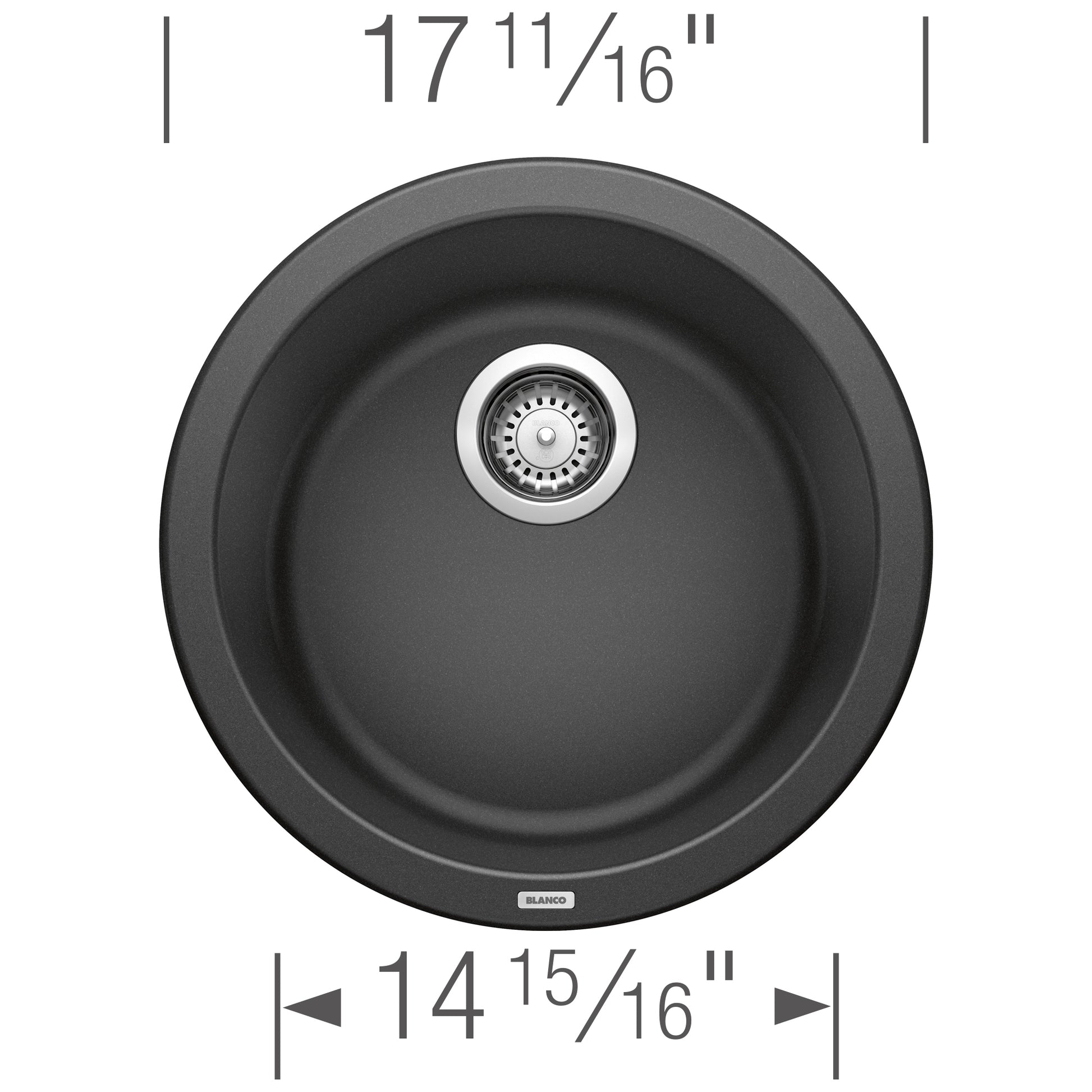 Anthracite round bar sink with single basin and stainless steel drain, 17 11/16" diameter.