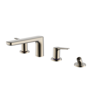 Brushed nickel four-hole roman tub filler with curved spout, two lever handles, and detachable handshower.