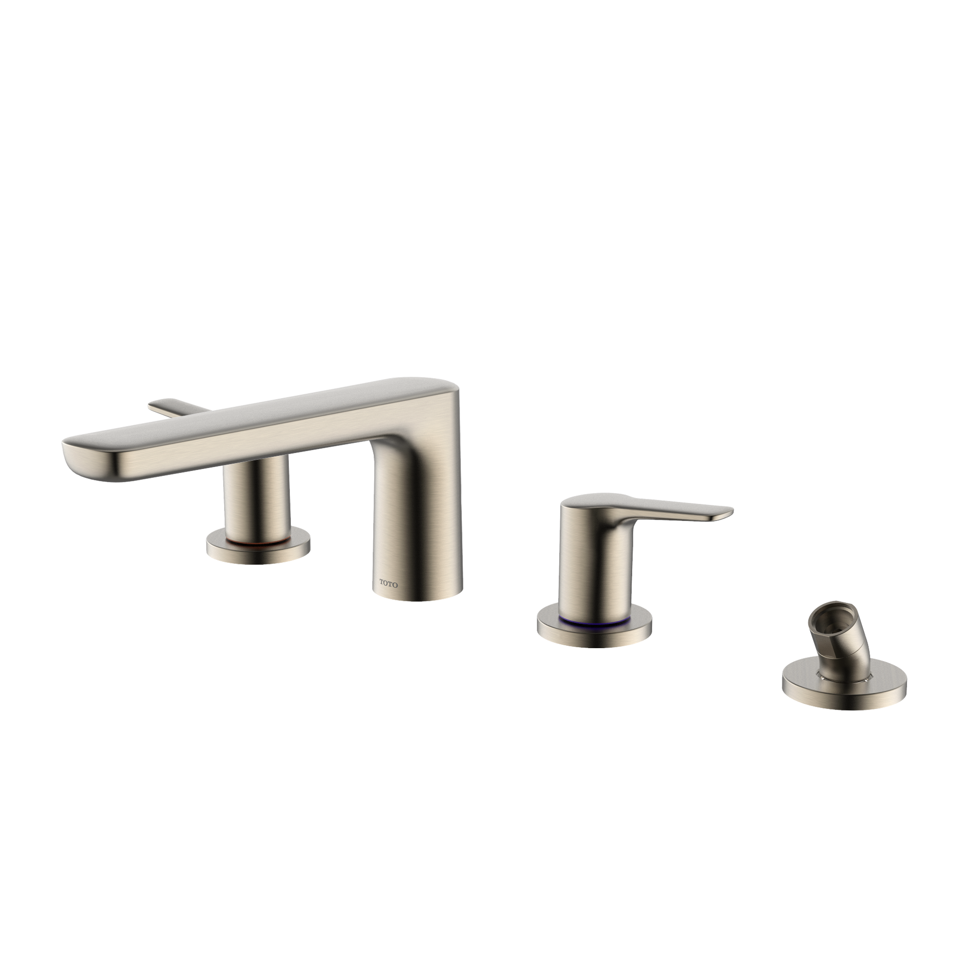Brushed nickel four-hole roman tub filler with curved spout, two lever handles, and detachable handshower.
