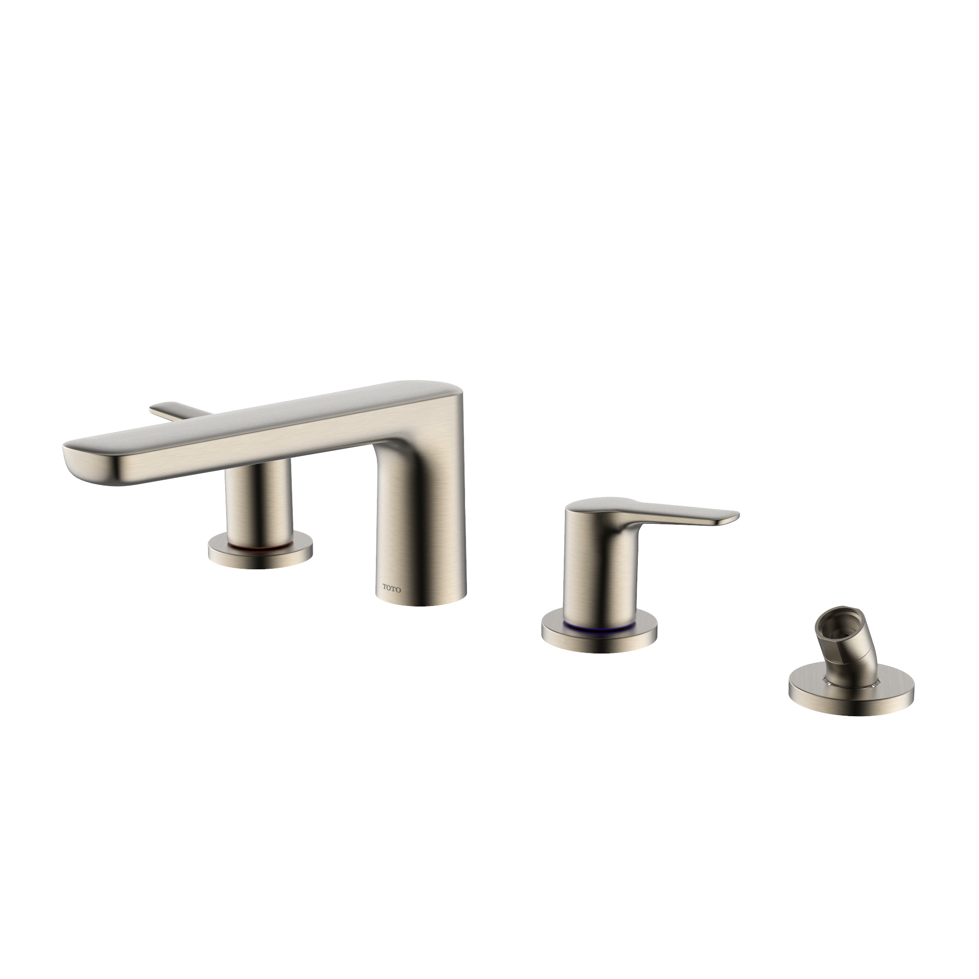 Brushed nickel four-hole roman tub filler with curved spout, two lever handles, and detachable handshower.