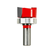 Mortising bit with red and silver head assembly and steel shank for woodworking applications.