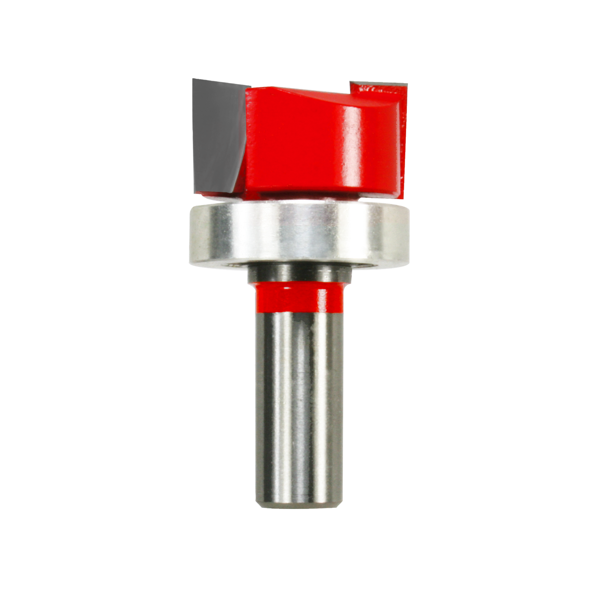 Mortising bit with red and silver head assembly and steel shank for woodworking applications.