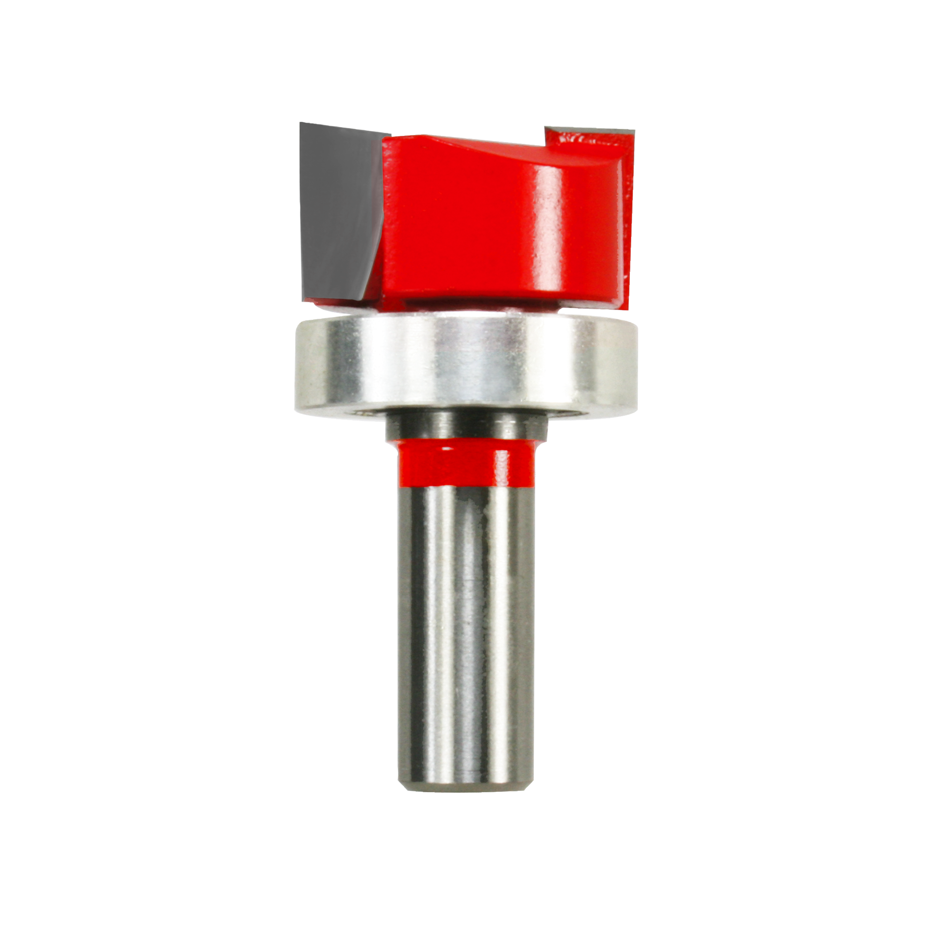 Mortising bit with red and silver head assembly and steel shank for woodworking applications.
