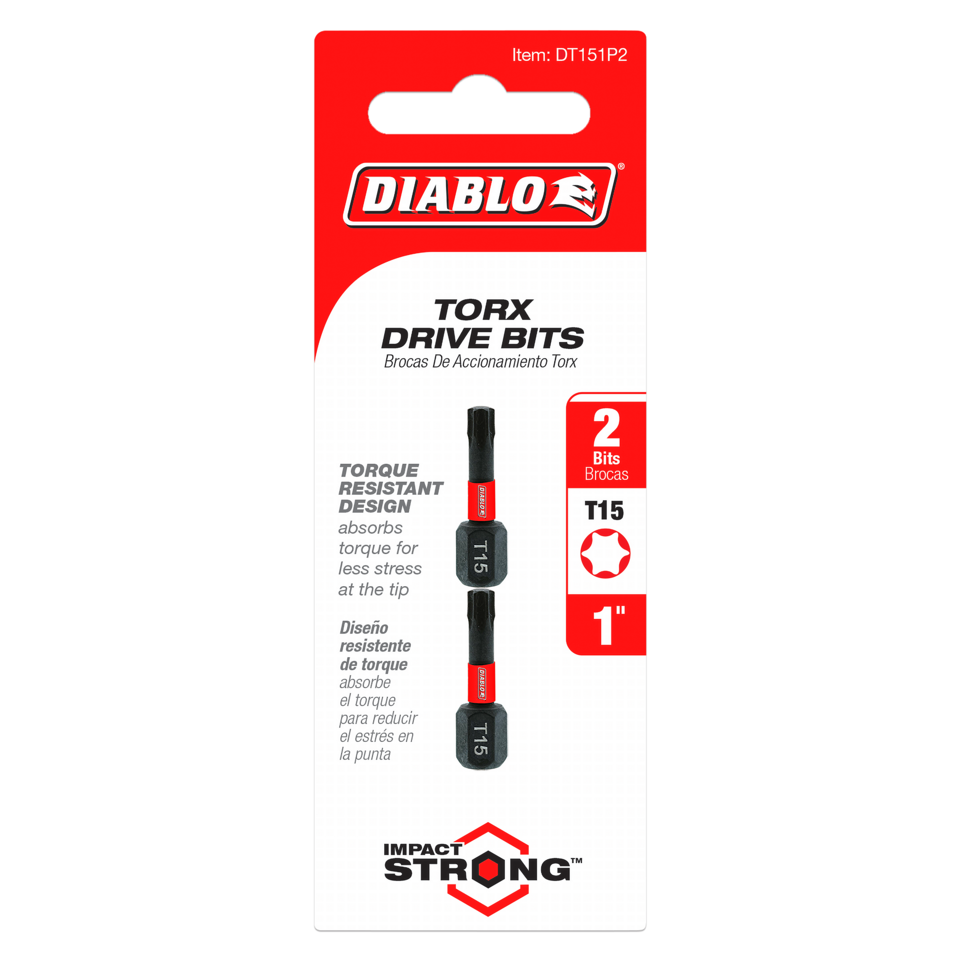 Two black Diablo T15 Torx drive bits, 1 inch length, displayed on red and white packaging.