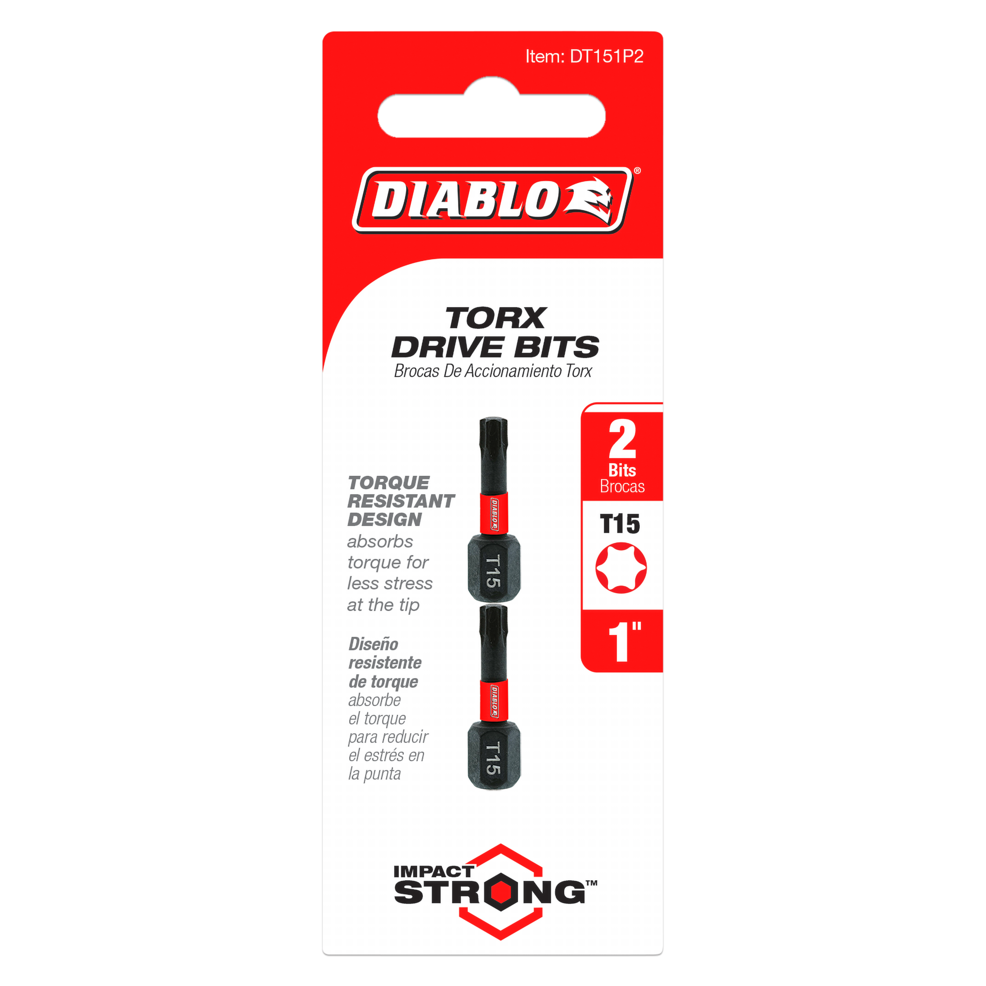 Two black Diablo T15 Torx drive bits, 1 inch length, displayed on red and white packaging.