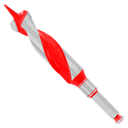 Red and gray auger bit with spiral flutes and pointed tip for wood drilling.