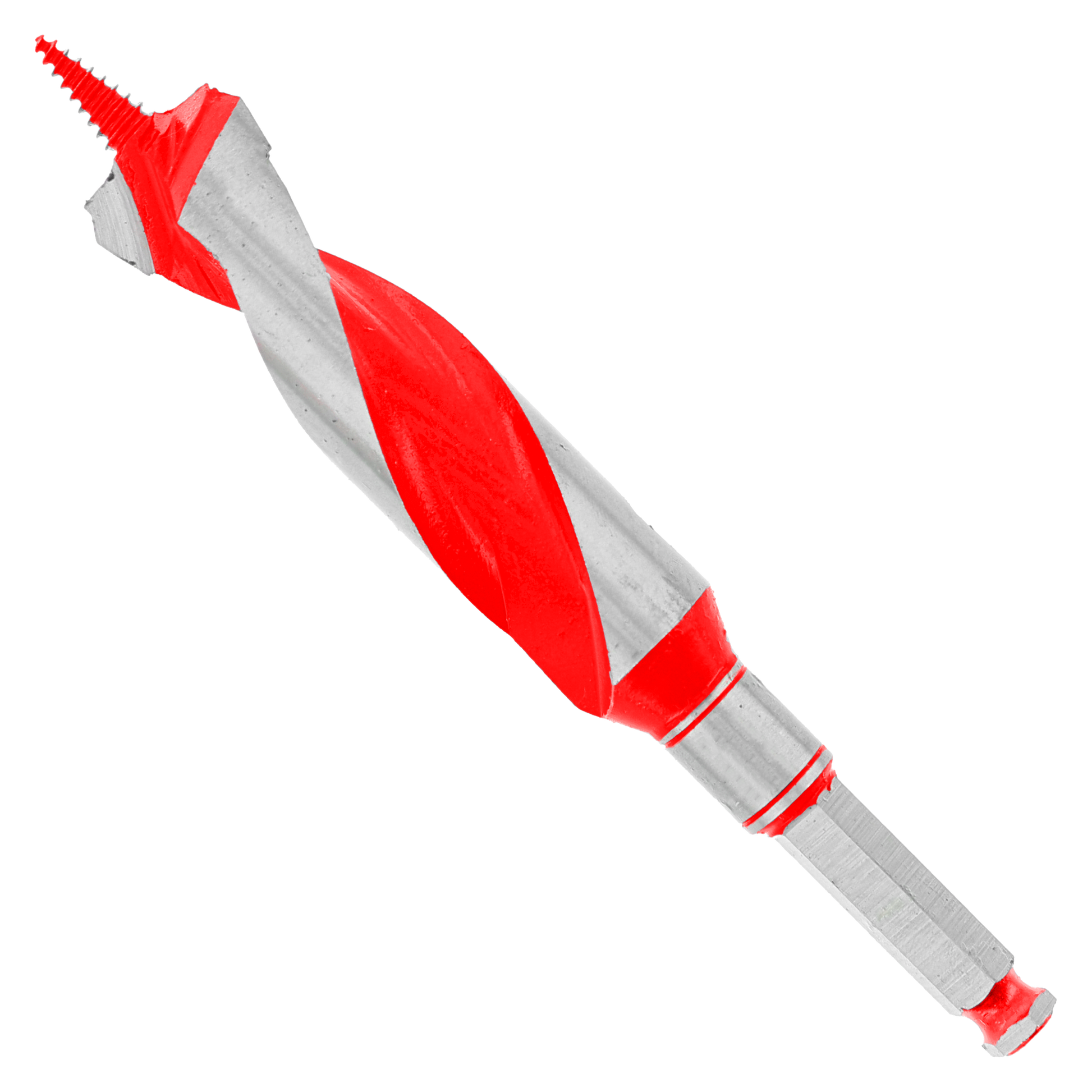 Red and gray auger bit with spiral flutes and pointed tip for wood drilling.