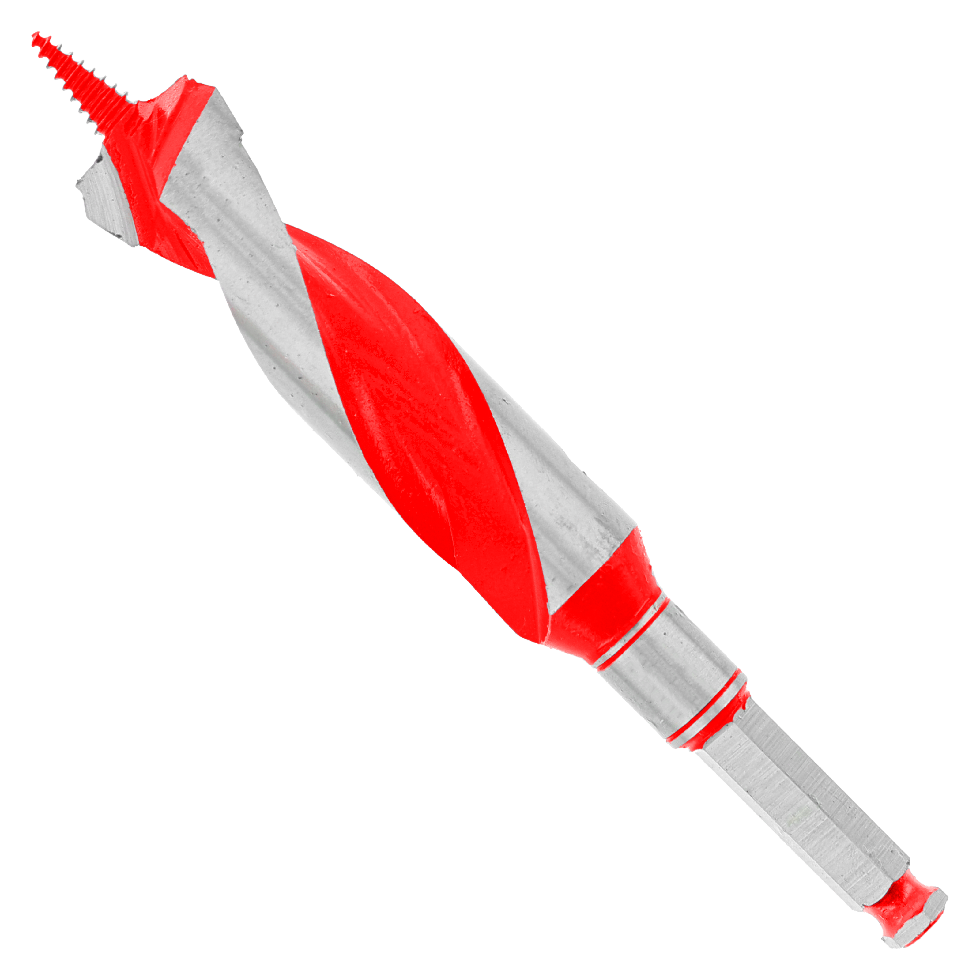 Red and gray auger bit with spiral flutes and pointed tip for wood drilling.