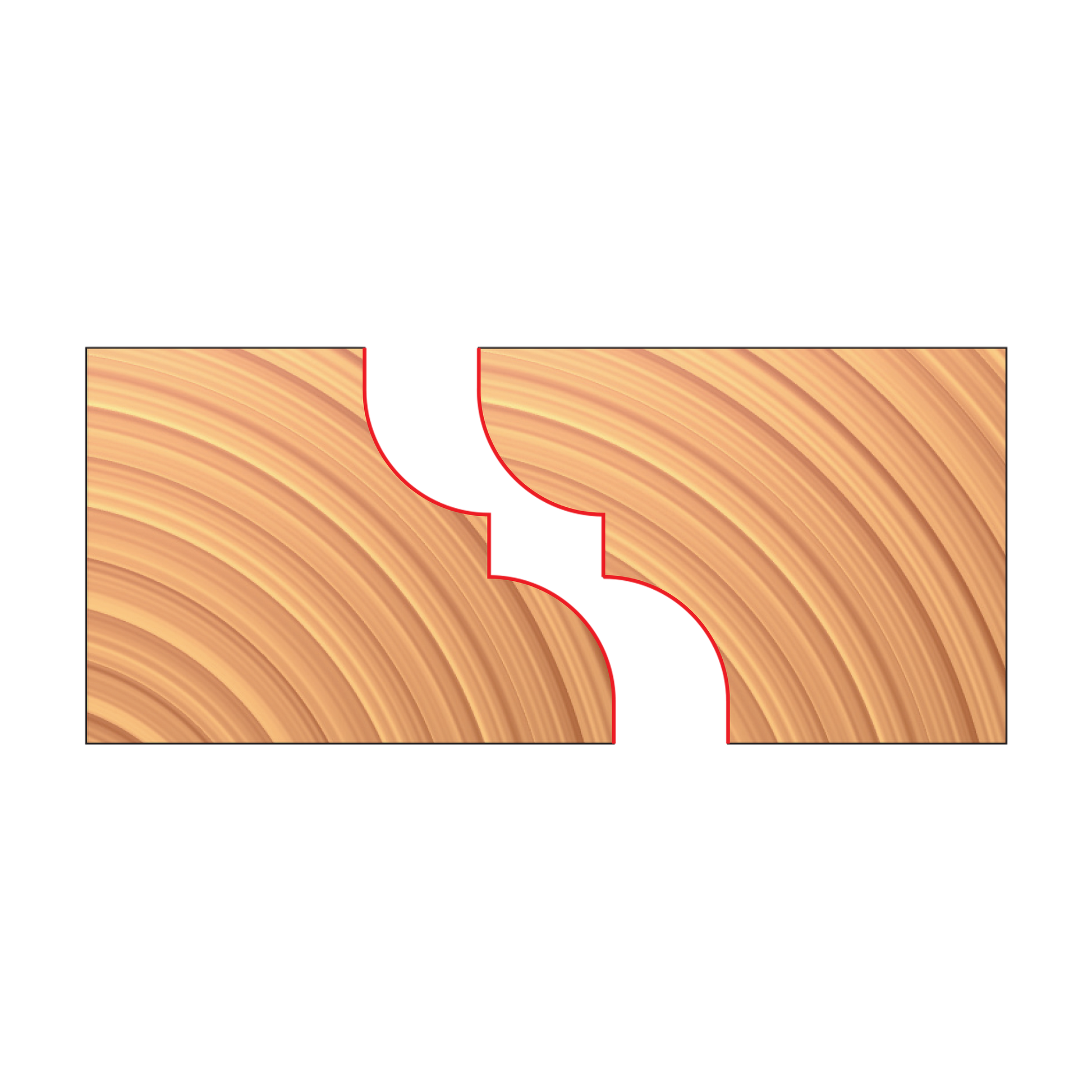 Pair of matched reverse detail cutters with curved cutting edges shown in cross-section on wood grain background.