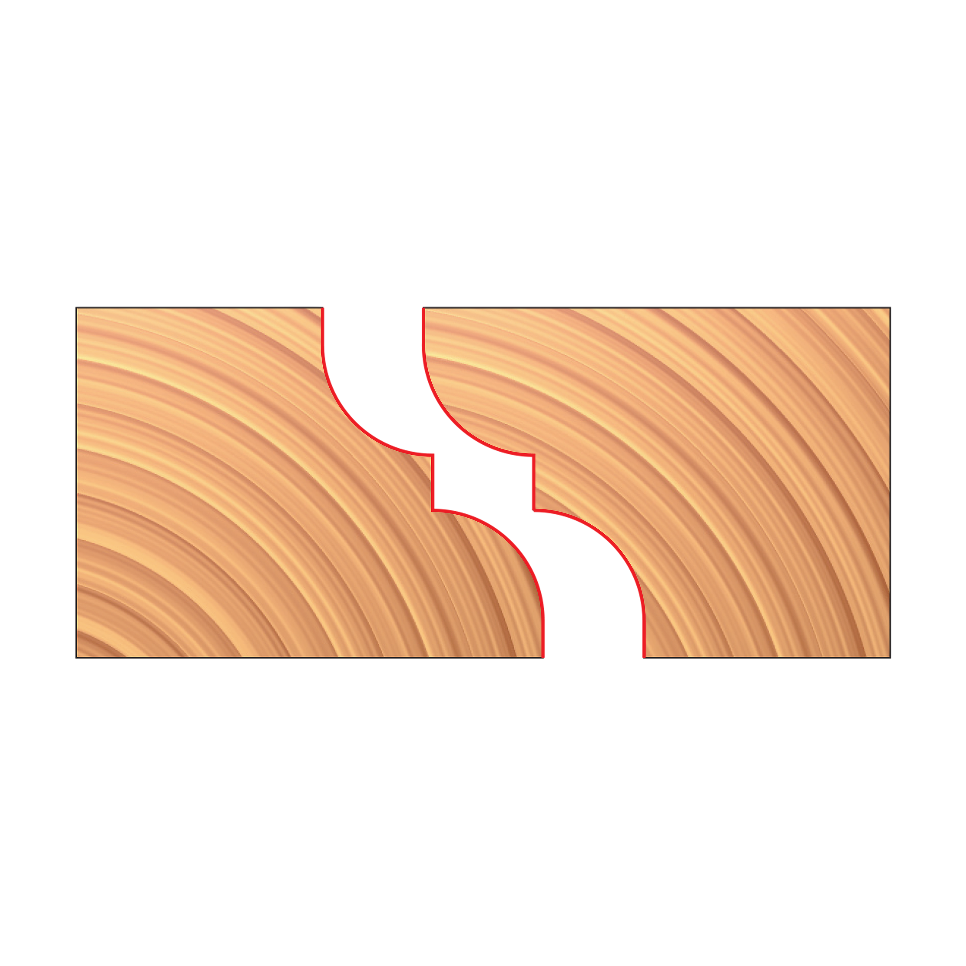 Pair of matched reverse detail cutters with curved cutting edges shown in cross-section on wood grain background.