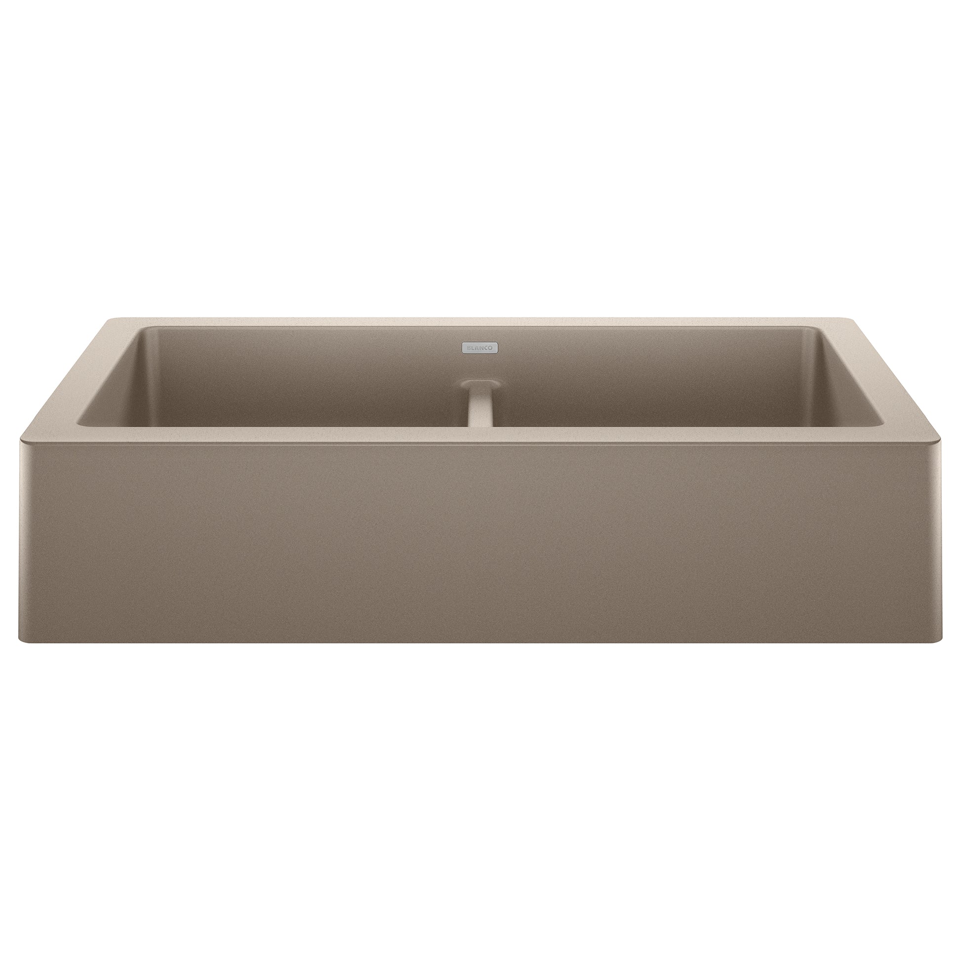 Truffle-colored double apron farmhouse sink with two equal basins separated by a center divider.
