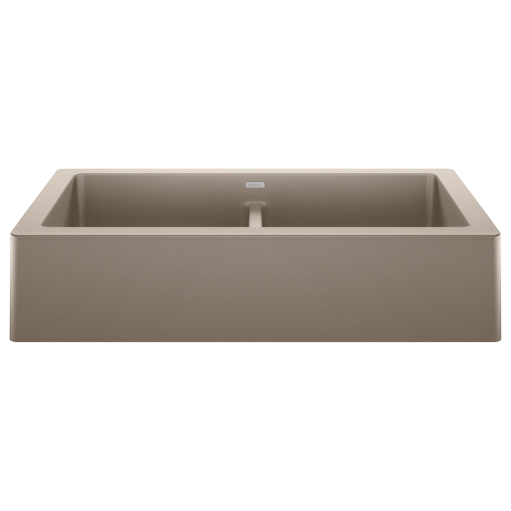Truffle-colored double apron farmhouse sink with two equal basins separated by a center divider.