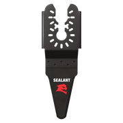 Black high carbon steel oscillating blade with U-shaped cutting edge and multiple slot perforations for sealant removal.