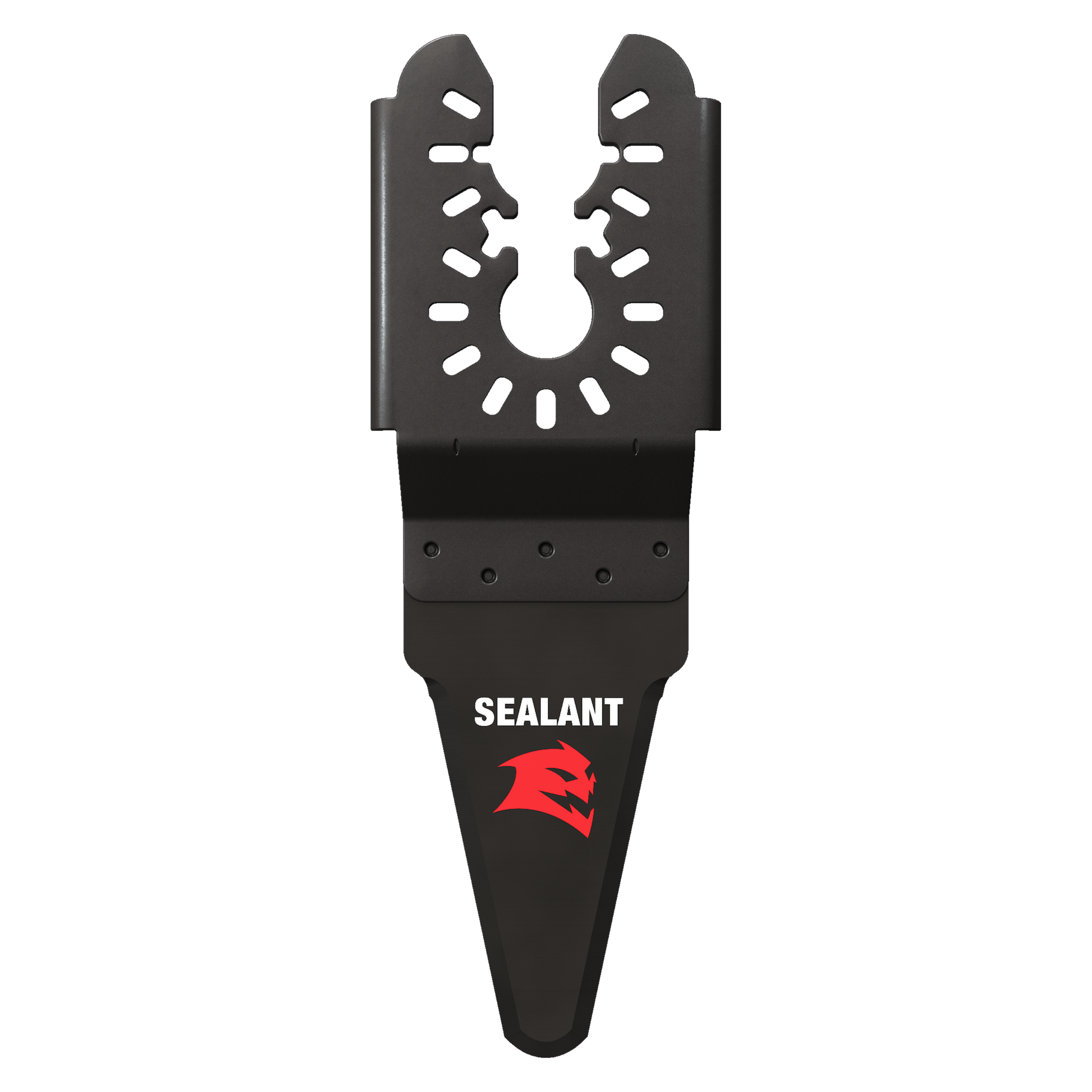 Black high carbon steel oscillating blade with U-shaped cutting edge and multiple slot perforations for sealant removal.