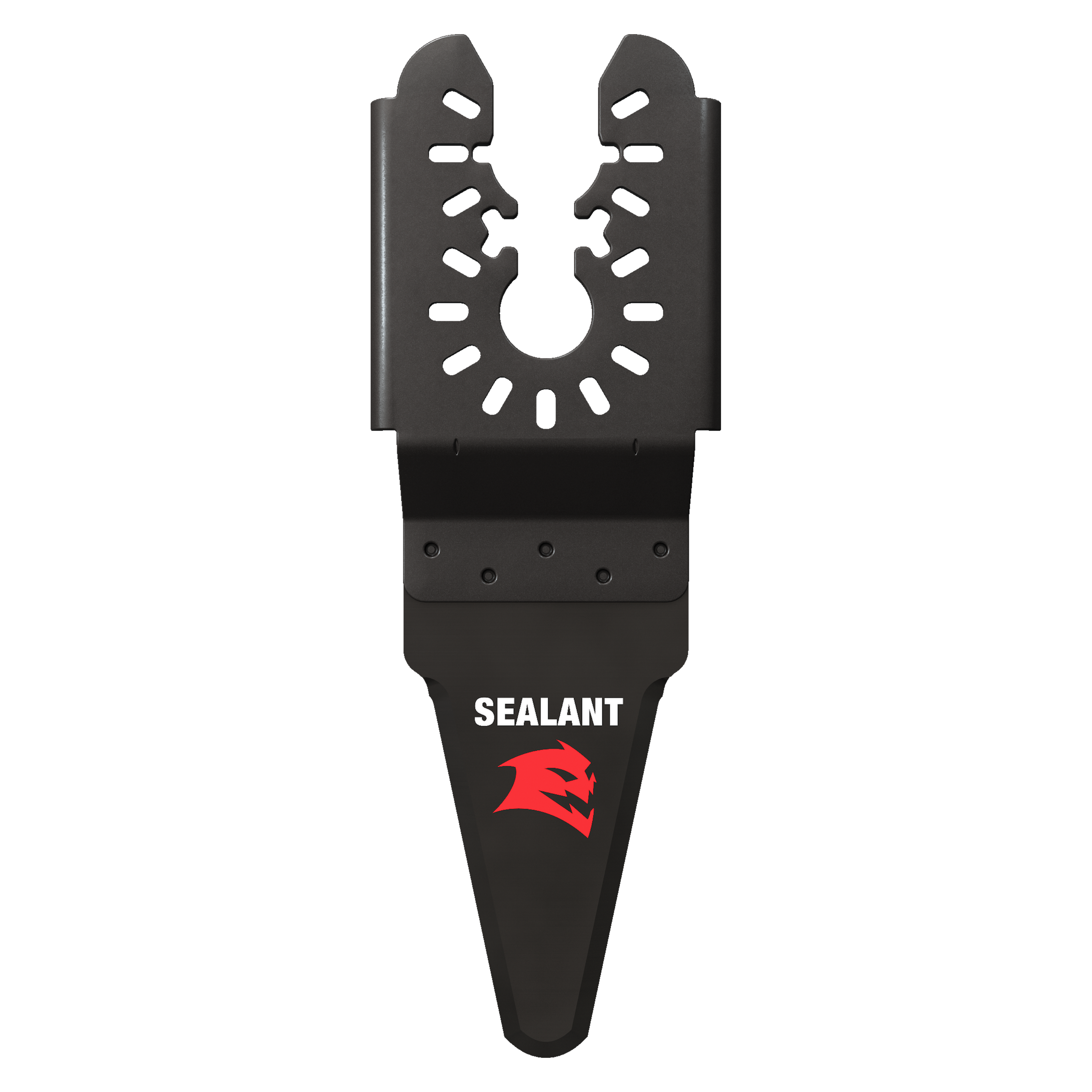 Black high carbon steel oscillating blade with U-shaped cutting edge and multiple slot perforations for sealant removal.