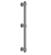 Satin nickel straight grab bar with three wall-mounted flanges and decorative rosettes.